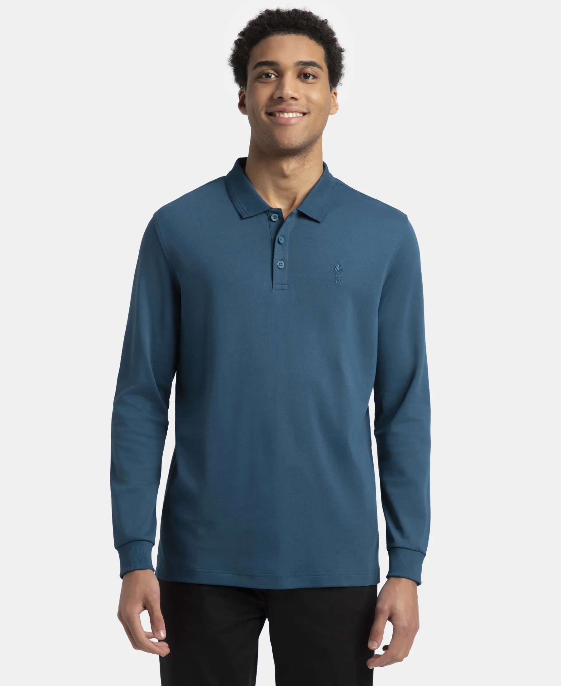 Super Combed Cotton Rich Solid Full Sleeve Polo T-Shirt with Ribbed Cuffs - Seaport Teal