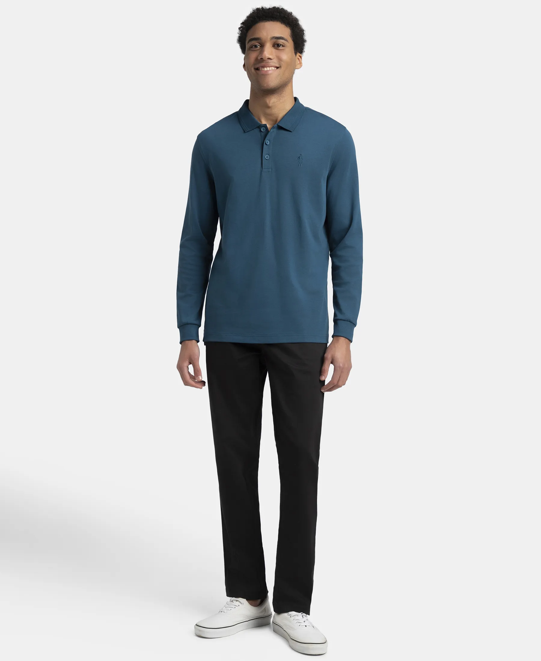 Super Combed Cotton Rich Solid Full Sleeve Polo T-Shirt with Ribbed Cuffs - Seaport Teal - Image 4