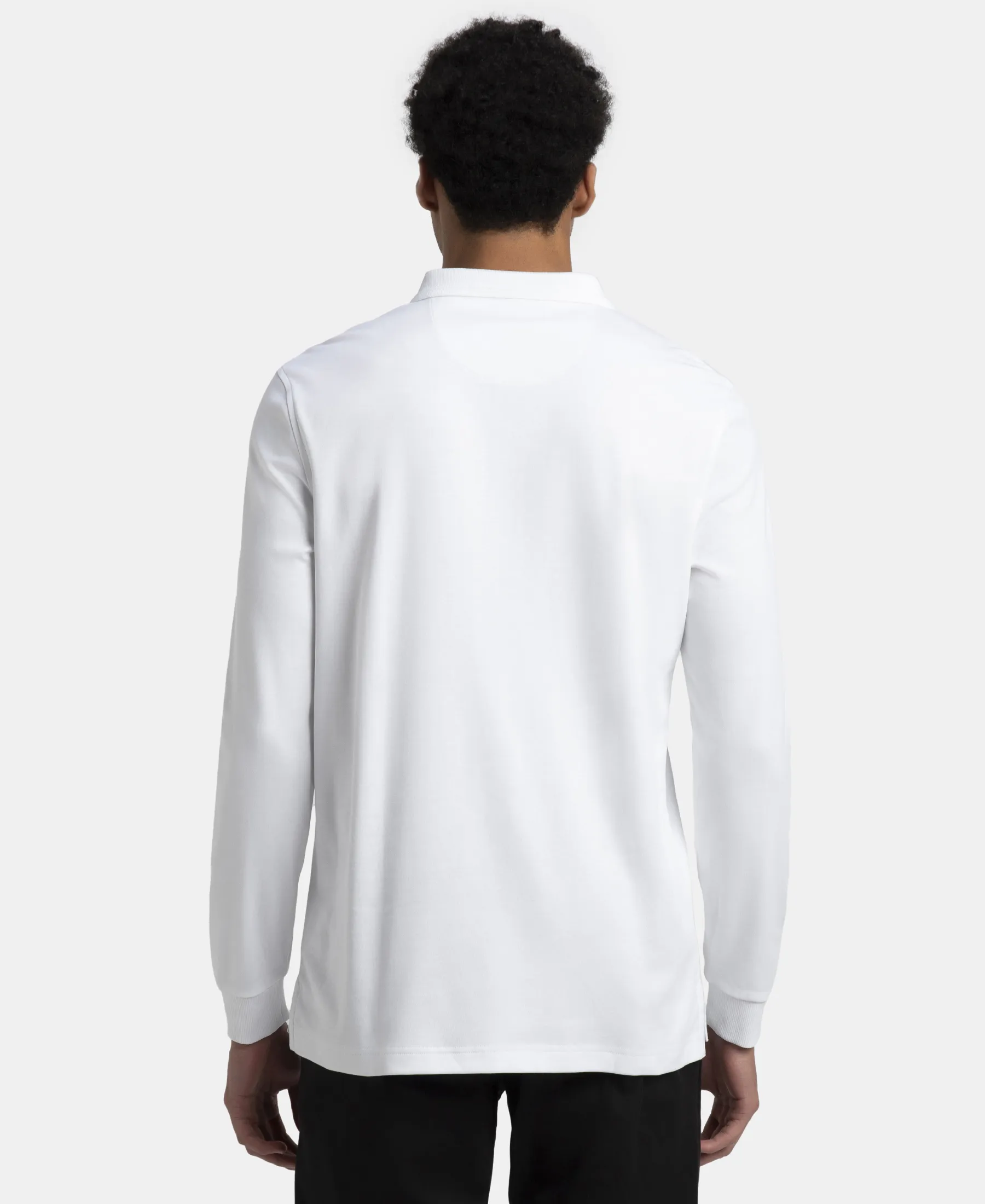 Super Combed Cotton Rich Solid Full Sleeve Polo T-Shirt with Ribbed Cuffs - White - Image 3