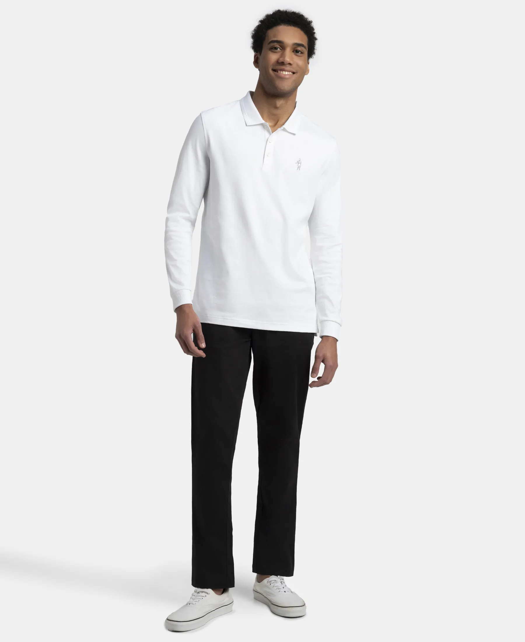 Super Combed Cotton Rich Solid Full Sleeve Polo T-Shirt with Ribbed Cuffs - White - Image 4