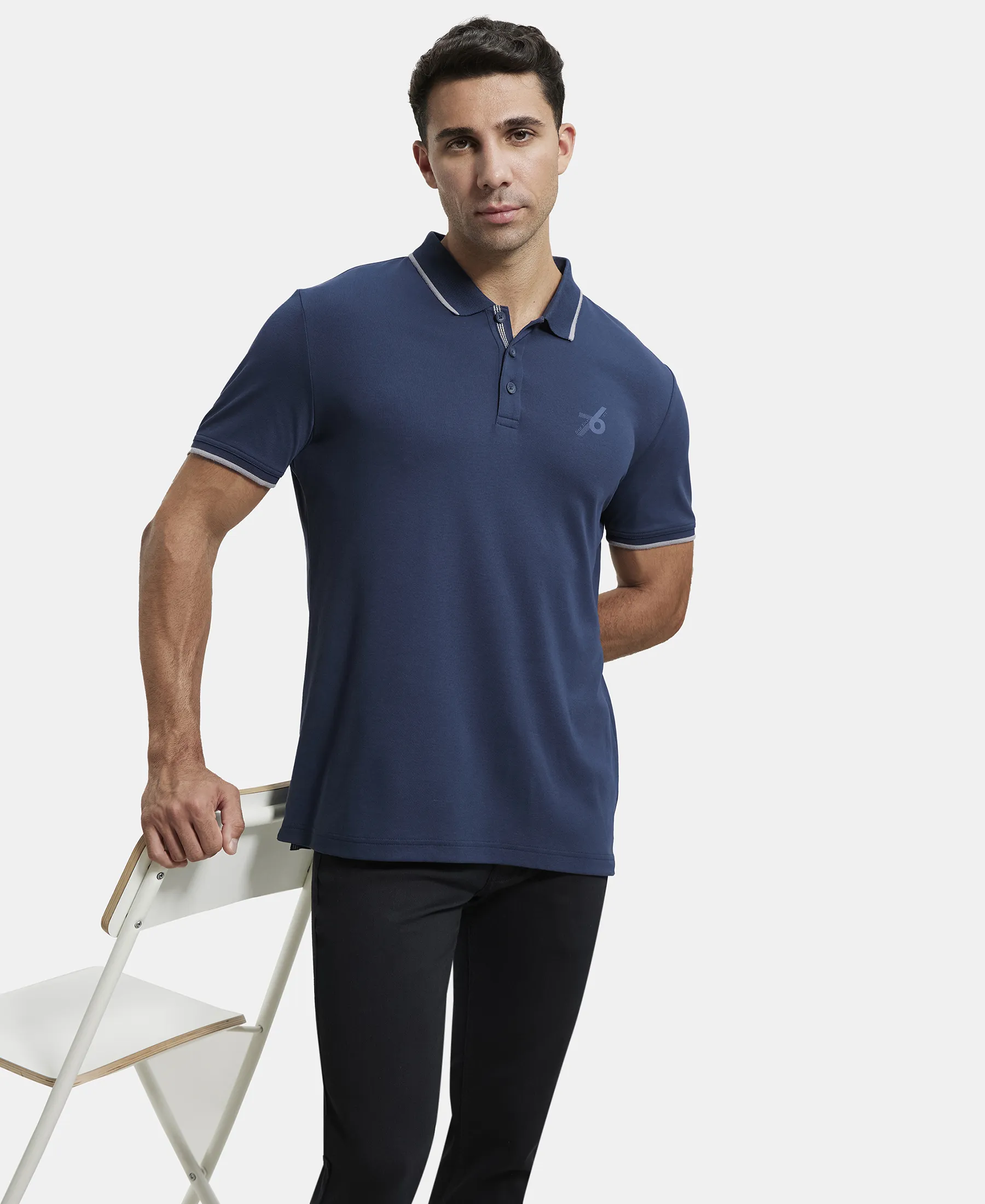 Super Combed Cotton Rich Solid Half Sleeve Polo T-Shirt - Navy - Image 5