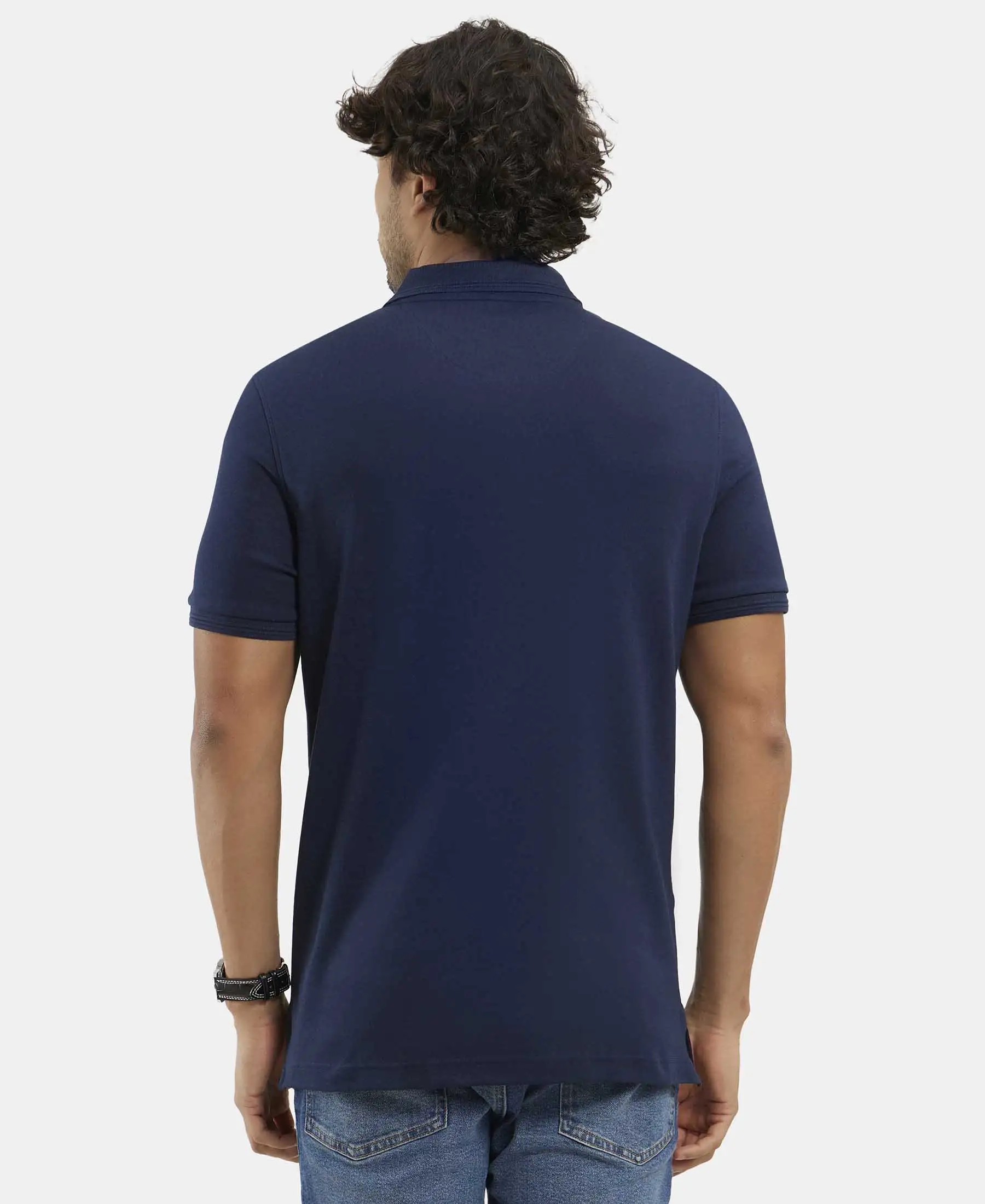 Super Combed Cotton Rich Solid Half Sleeve Polo T-Shirt - Navy - Image 3