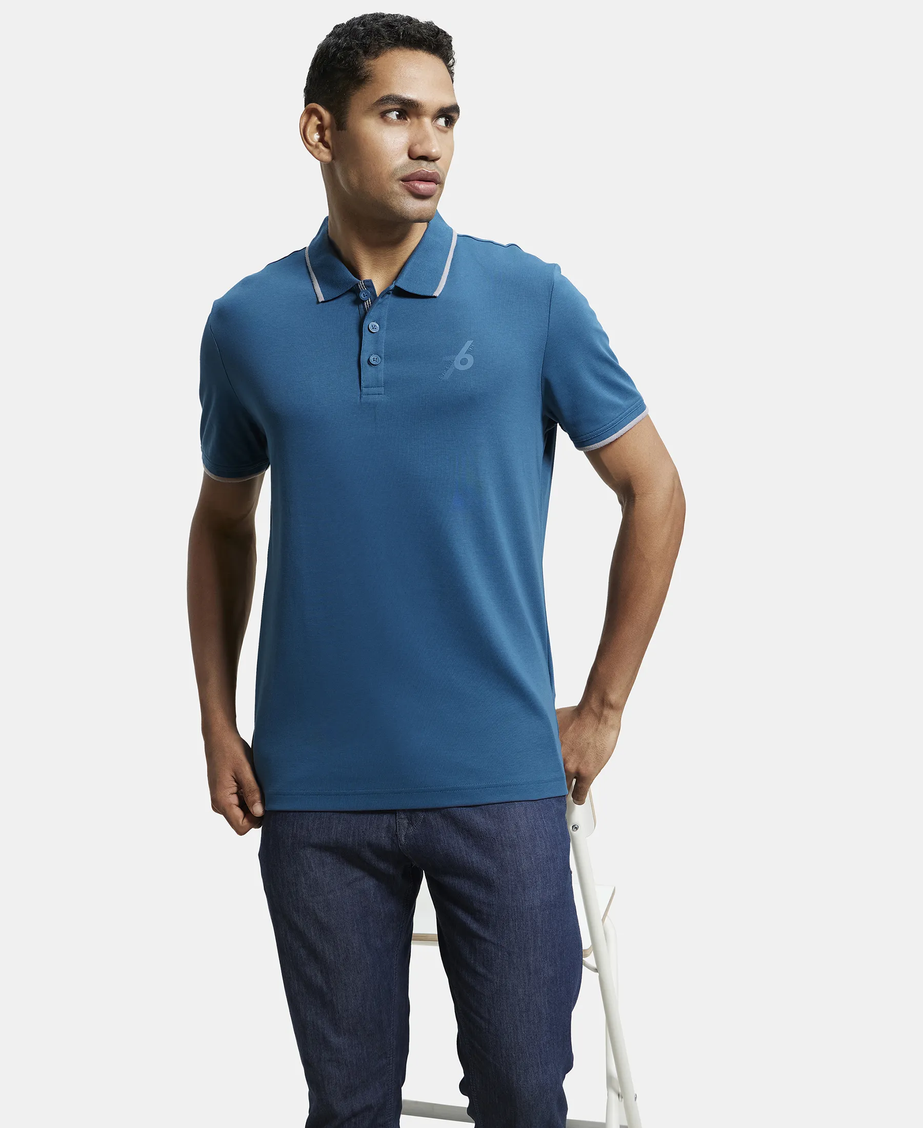 Super Combed Cotton Rich Solid Half Sleeve Polo T-Shirt - Seaport Teal - Image 6