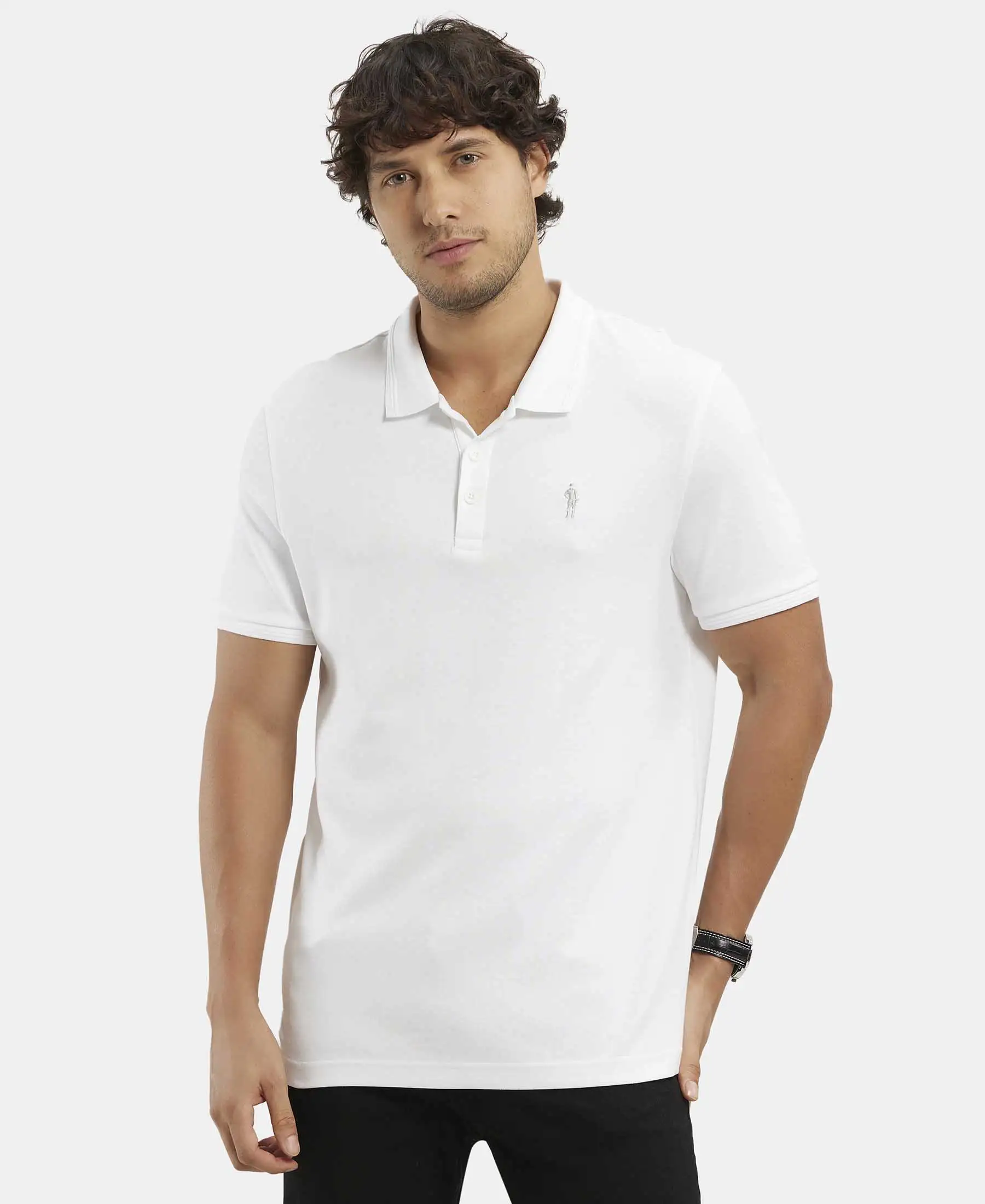 Super Combed Cotton Rich Solid Half Sleeve Polo T-Shirt - White - Image 5