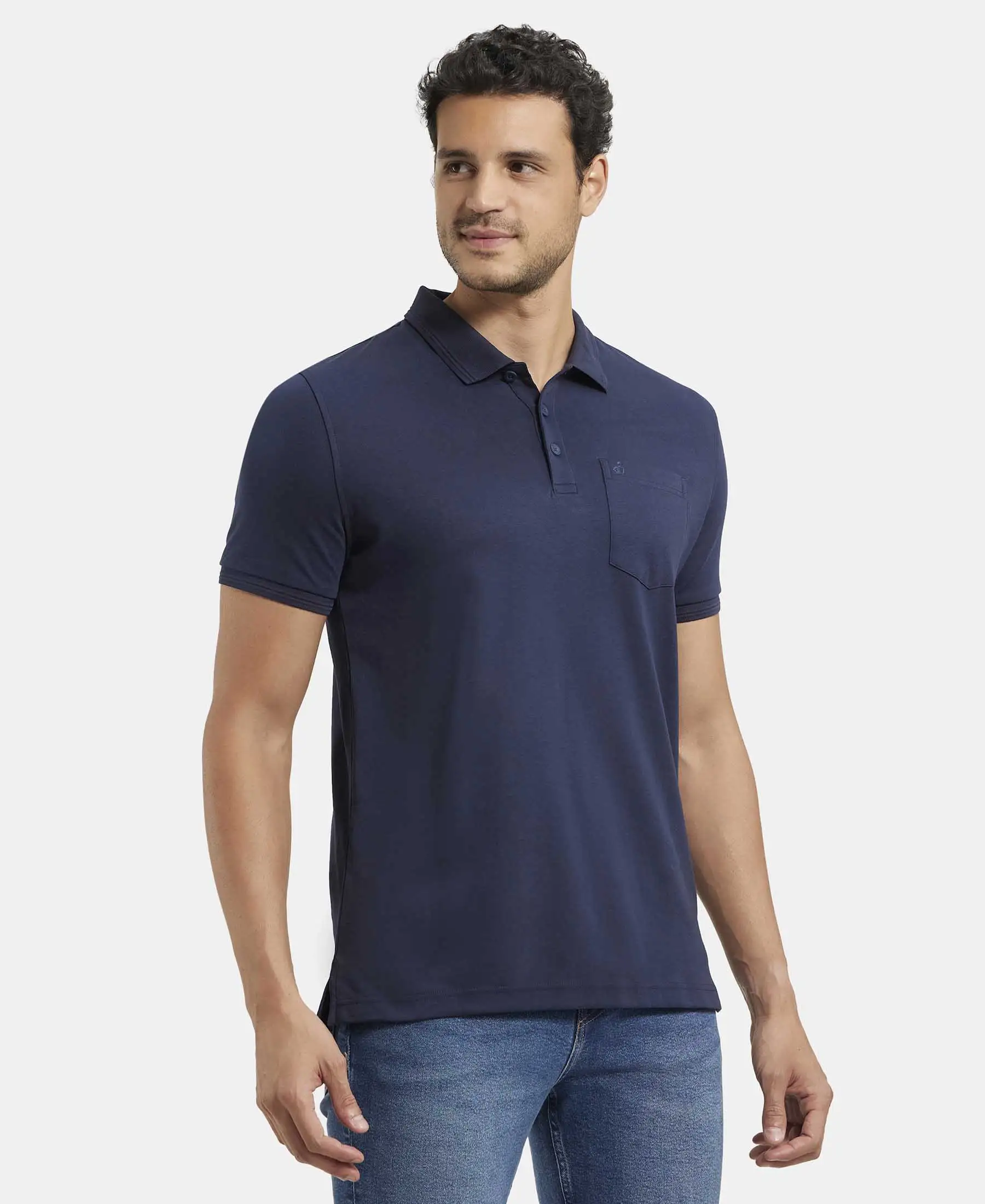 Super Combed Cotton Rich Solid Half Sleeve Polo T-Shirt with Chest Pocket - Navy - Image 2
