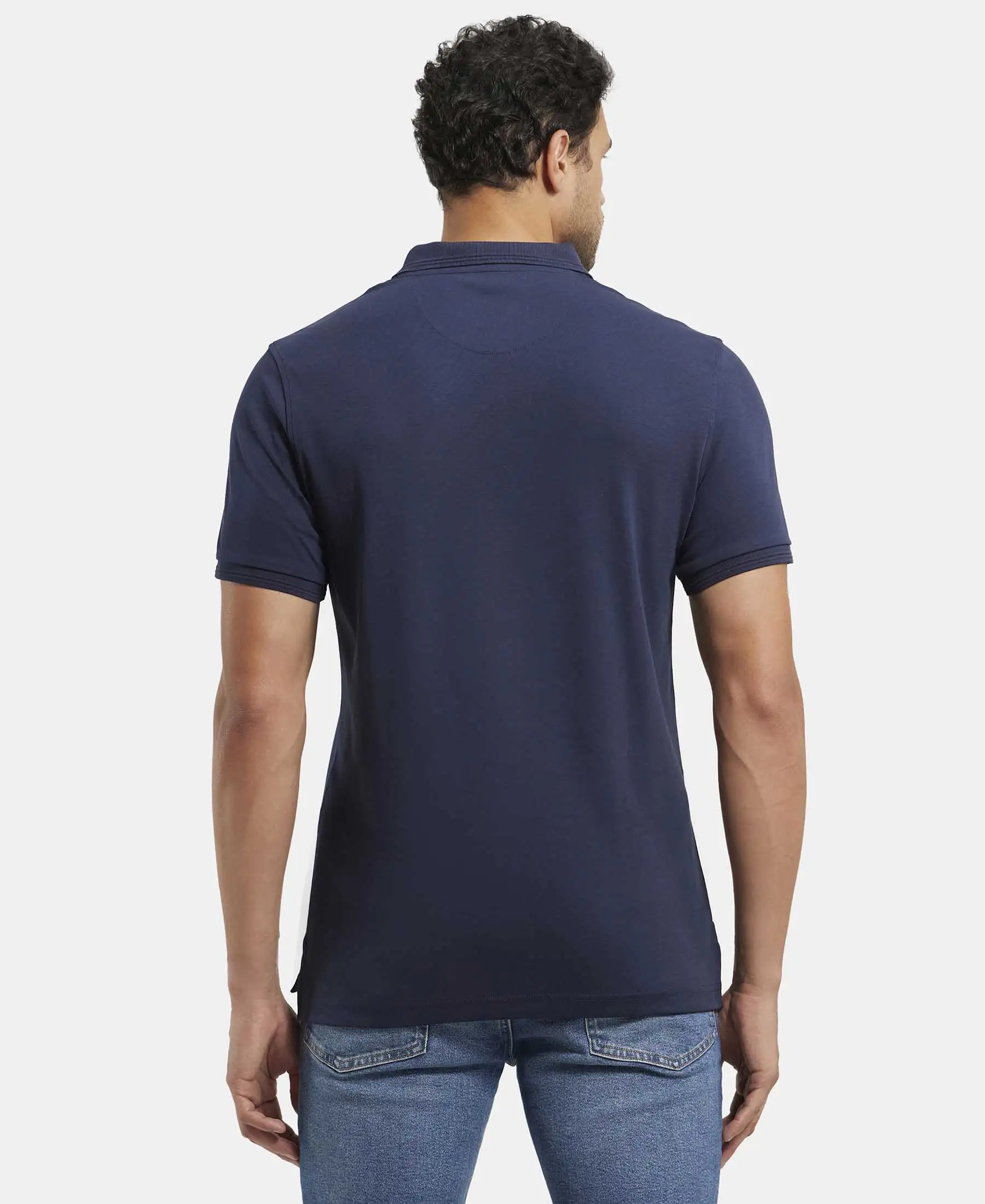 Super Combed Cotton Rich Solid Half Sleeve Polo T-Shirt with Chest Pocket - Navy - Image 3