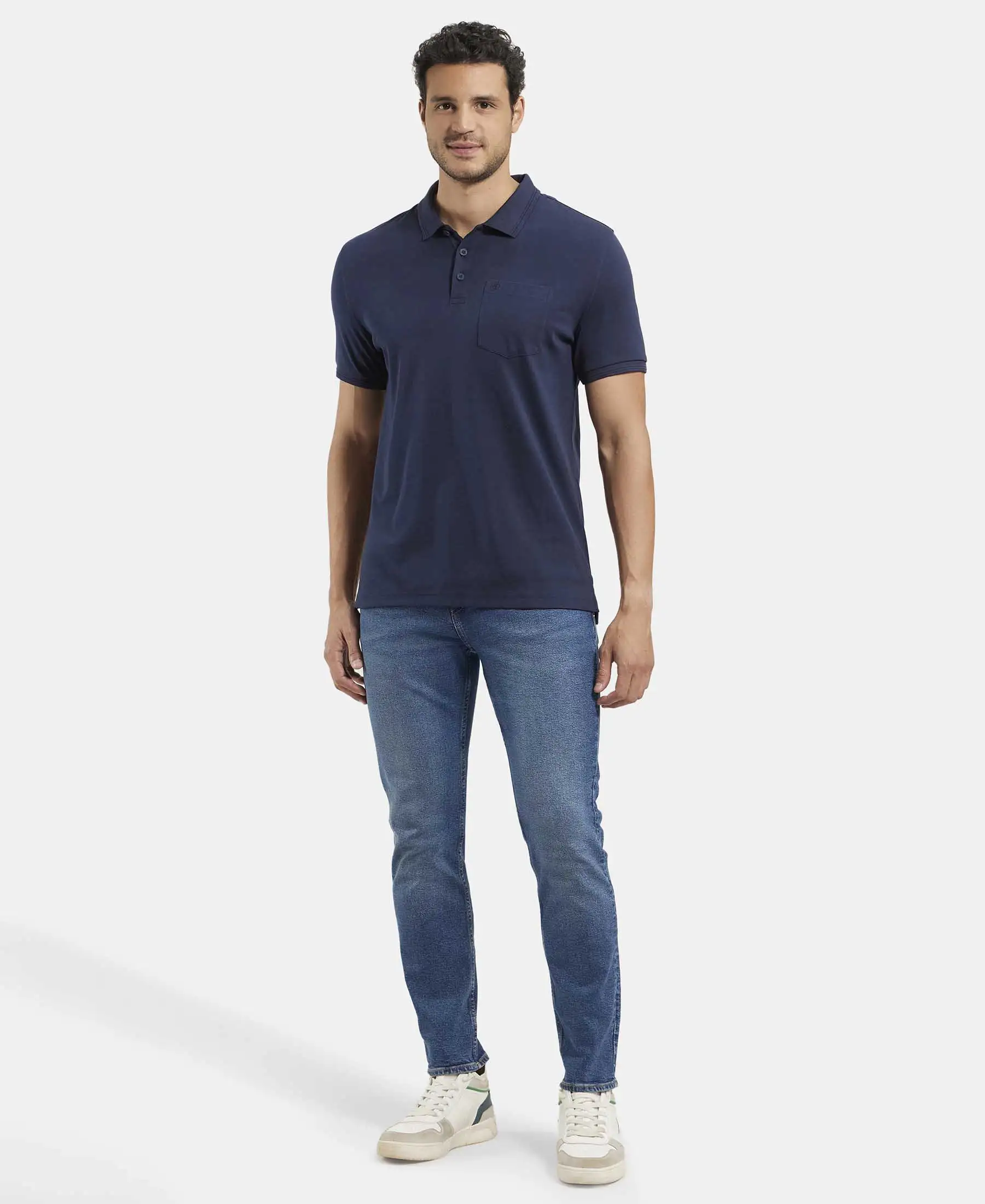 Super Combed Cotton Rich Solid Half Sleeve Polo T-Shirt with Chest Pocket - Navy - Image 4
