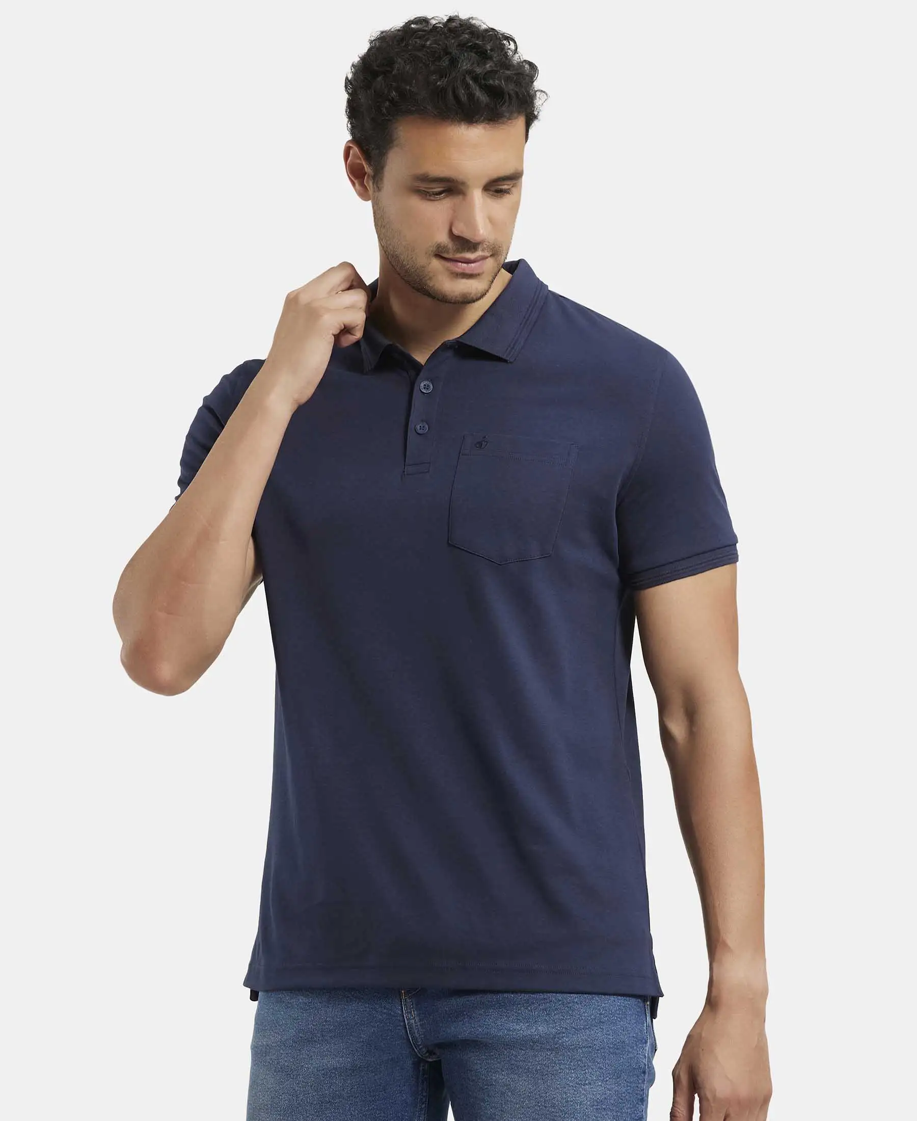 Super Combed Cotton Rich Solid Half Sleeve Polo T-Shirt with Chest Pocket - Navy - Image 5