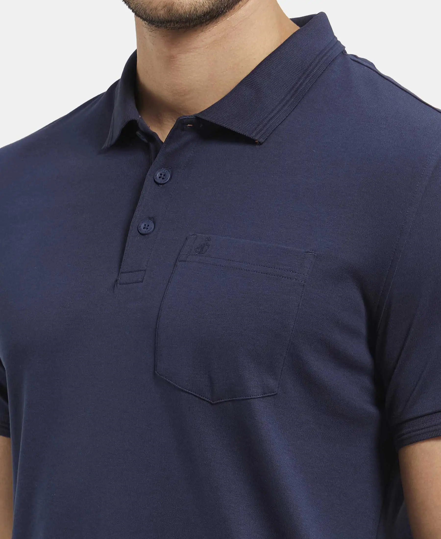 Super Combed Cotton Rich Solid Half Sleeve Polo T-Shirt with Chest Pocket - Navy - Image 7