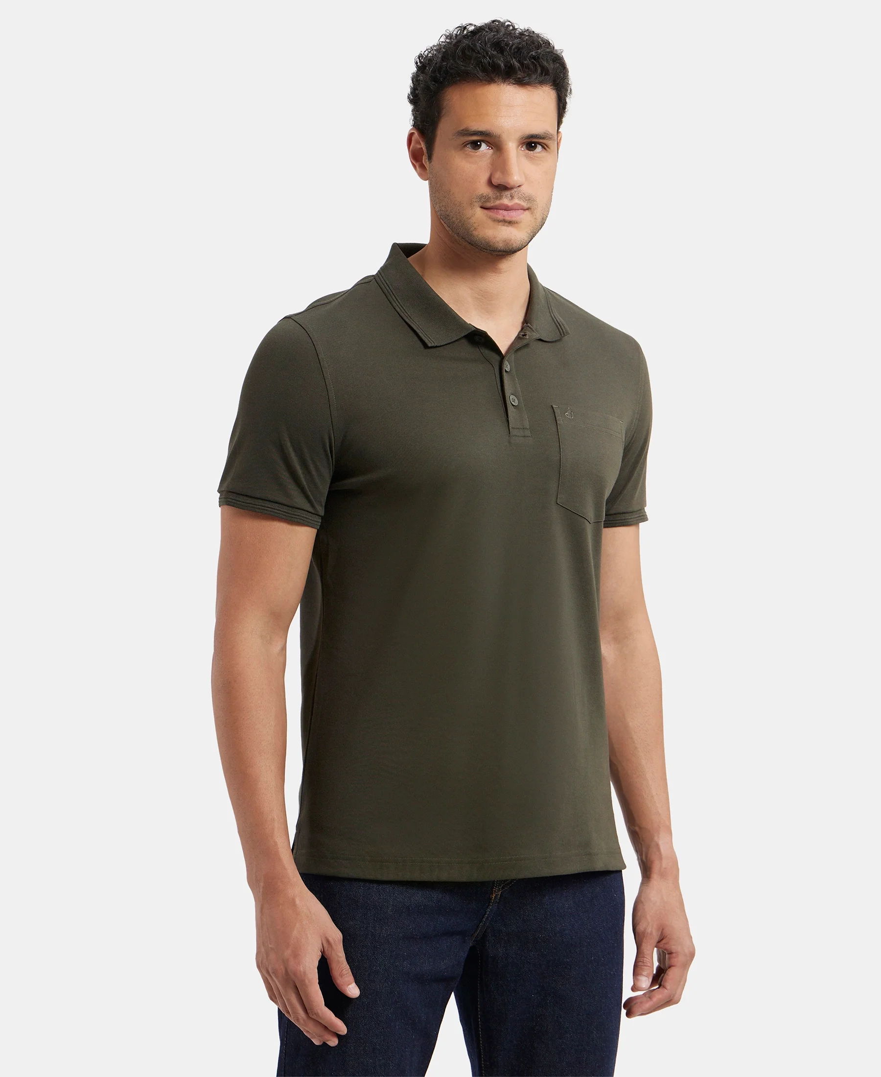 Super Combed Cotton Rich Solid Half Sleeve Polo T-Shirt with Chest Pocket - Olive - Image 2