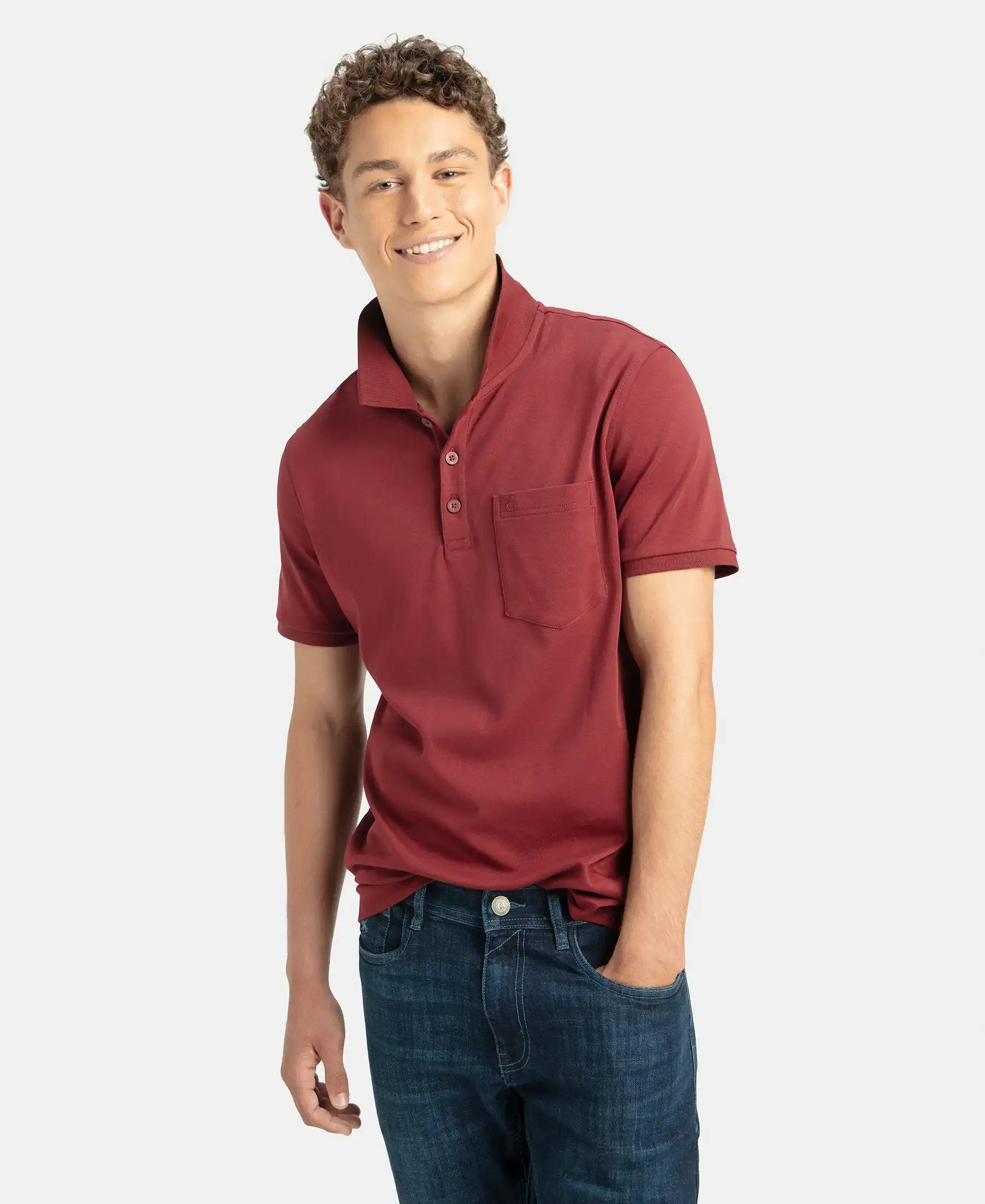 Super Combed Cotton Rich Solid Half Sleeve Polo T-Shirt with Chest Pocket - Pomegranate - Image 5