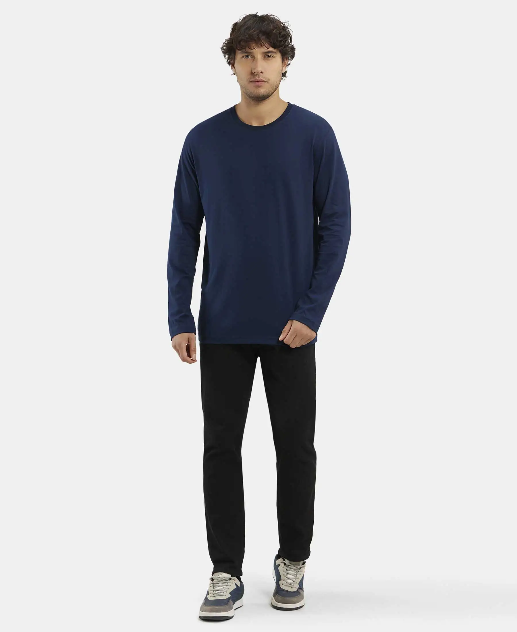 Super Combed Cotton Rich Solid Round Neck Full Sleeve T-Shirt - Navy - Image 4