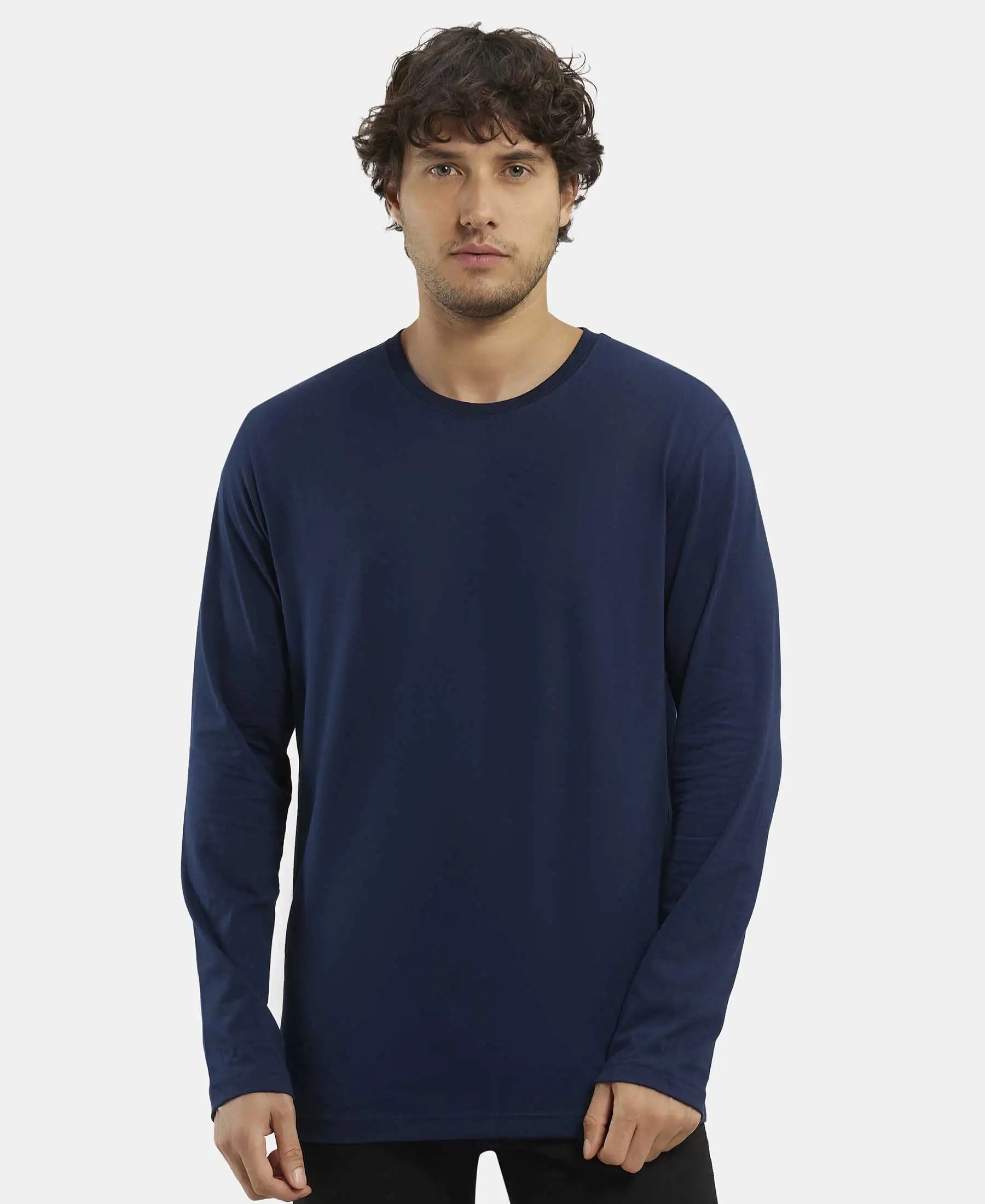 Super Combed Cotton Rich Solid Round Neck Full Sleeve T-Shirt - Navy - Image 5