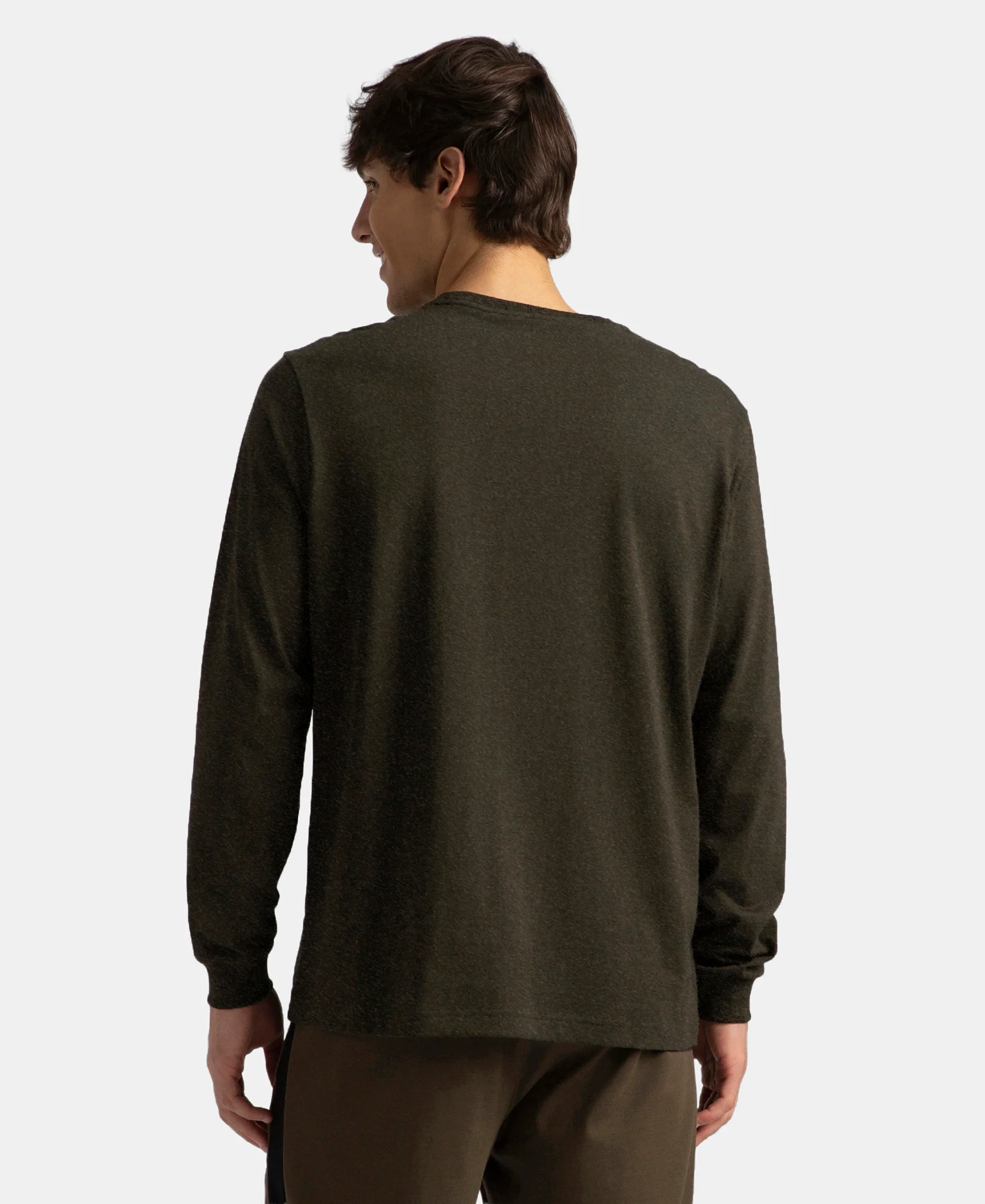 Super Combed Cotton Rich Solid Round Neck Full Sleeve T-Shirt - Olive Melange - Image 3