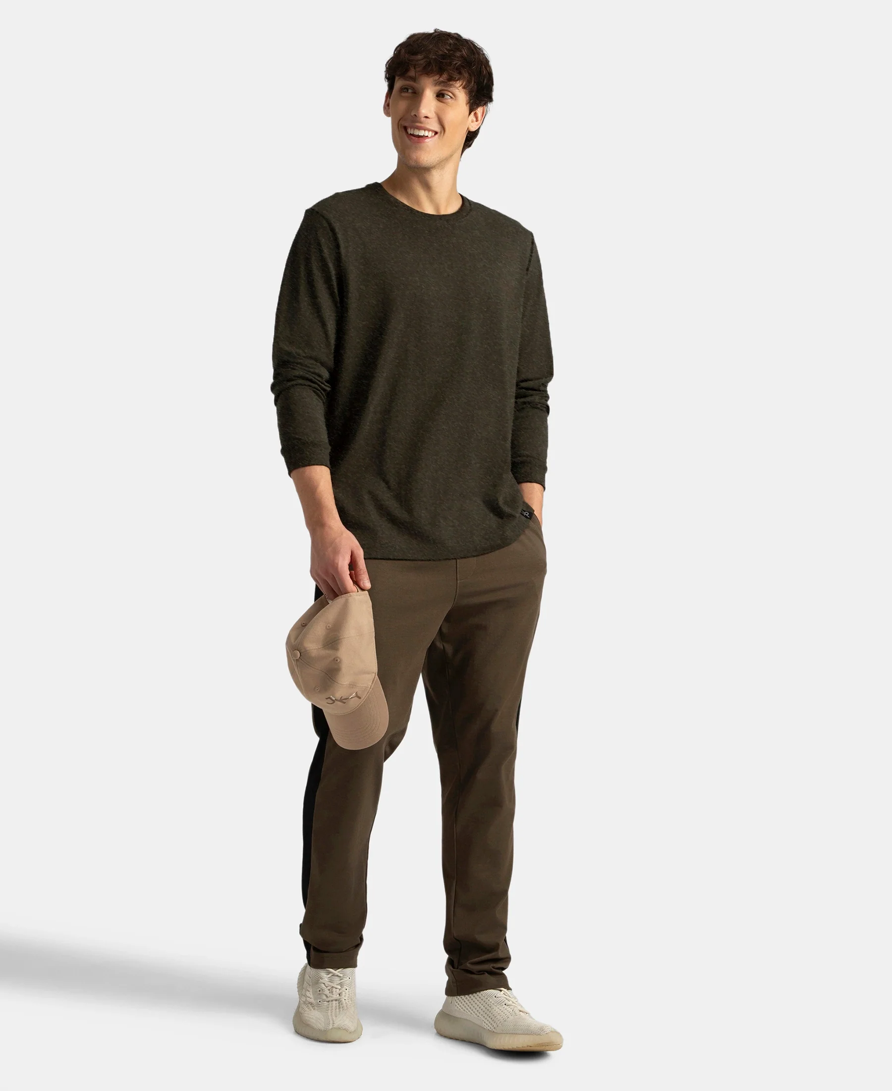 Super Combed Cotton Rich Solid Round Neck Full Sleeve T-Shirt - Olive Melange - Image 6