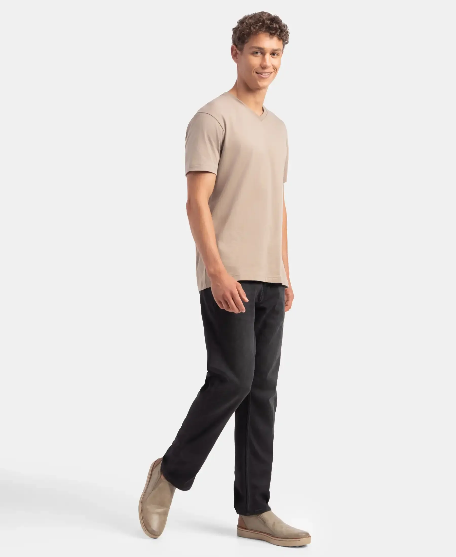 Super Combed Cotton Rich Solid V Neck Half Sleeve T-Shirt - Desert Taupe - Image 4