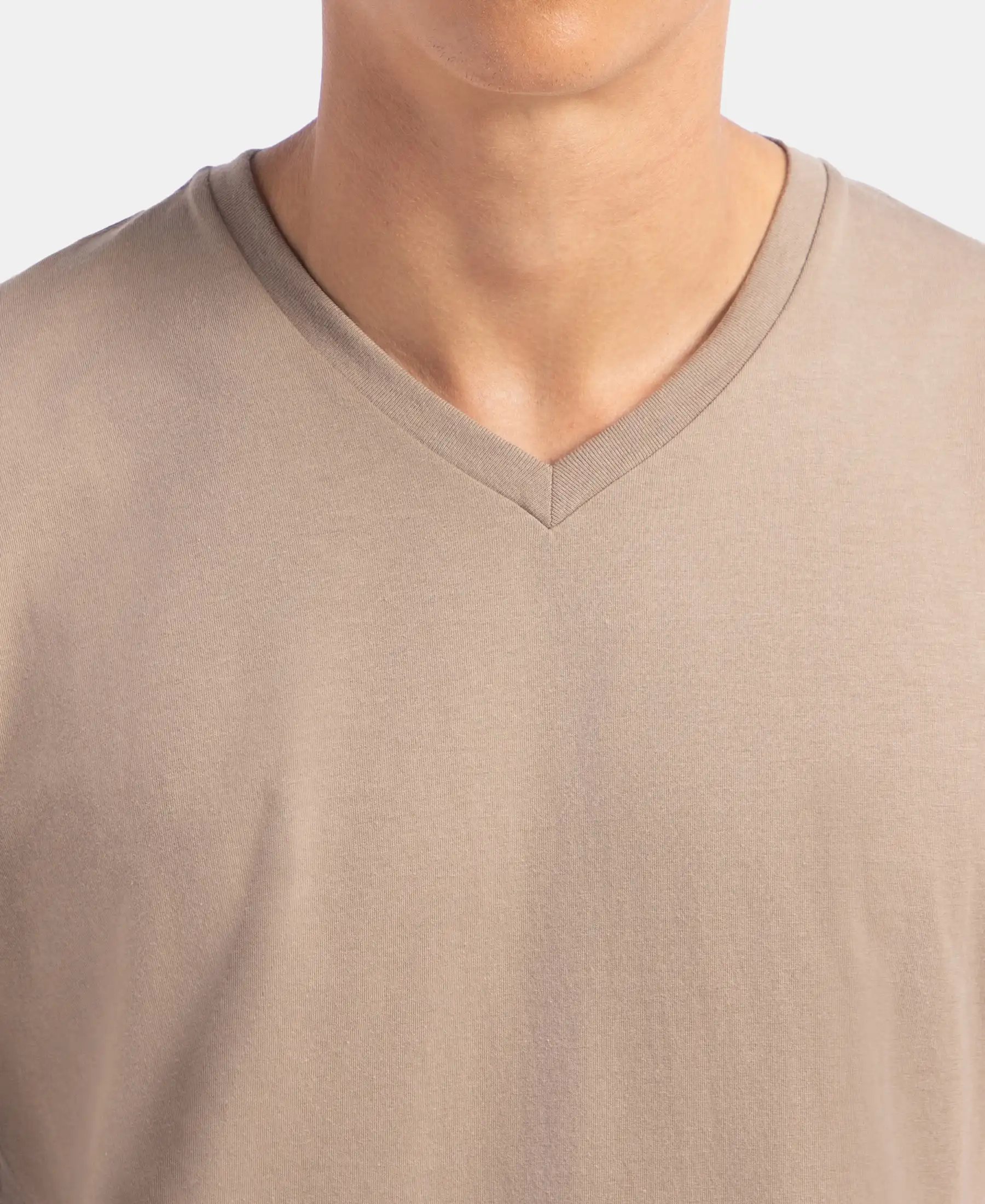 Super Combed Cotton Rich Solid V Neck Half Sleeve T-Shirt - Desert Taupe - Image 7