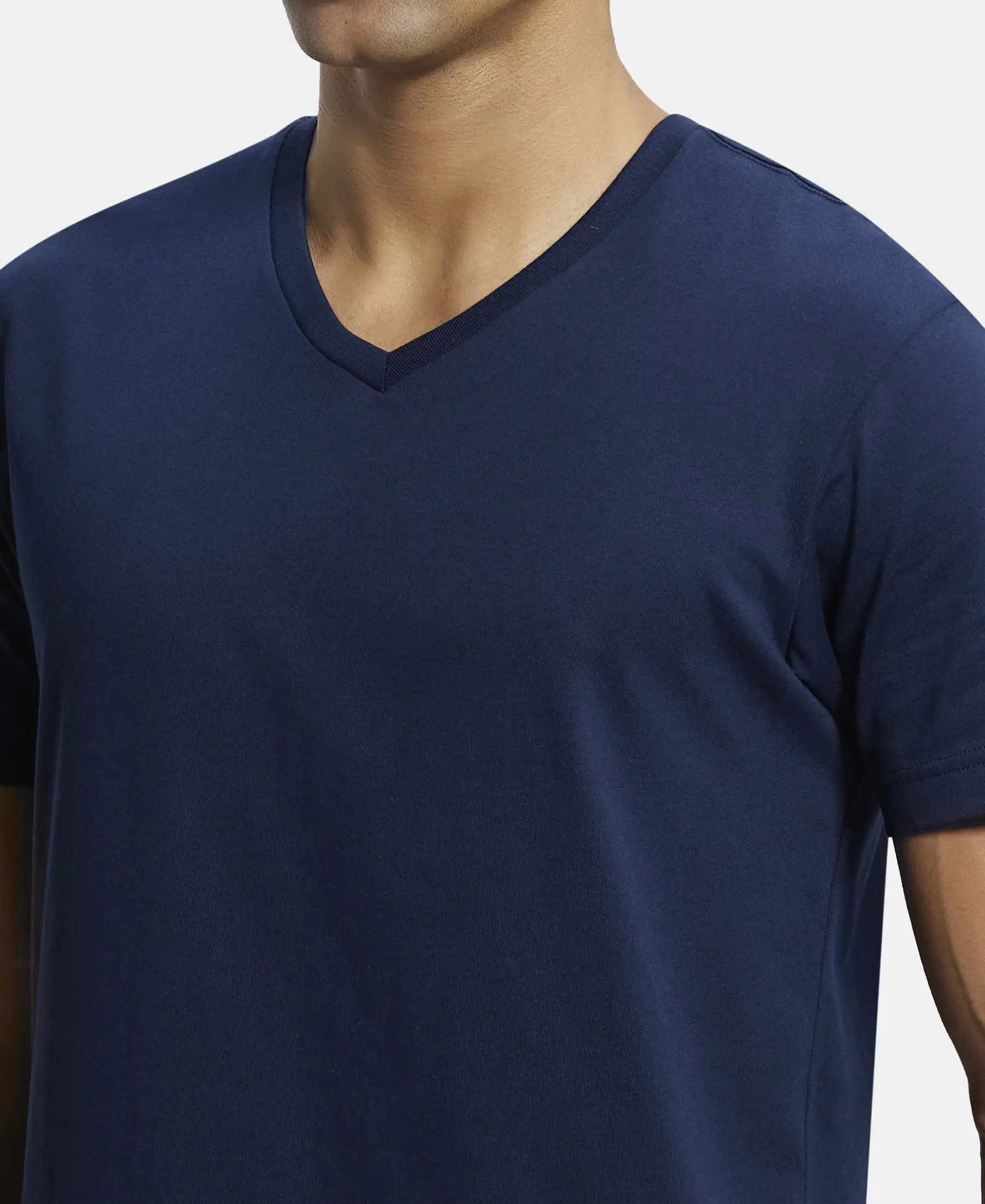 Super Combed Cotton Rich Solid V Neck Half Sleeve T-Shirt  - Navy - Image 6