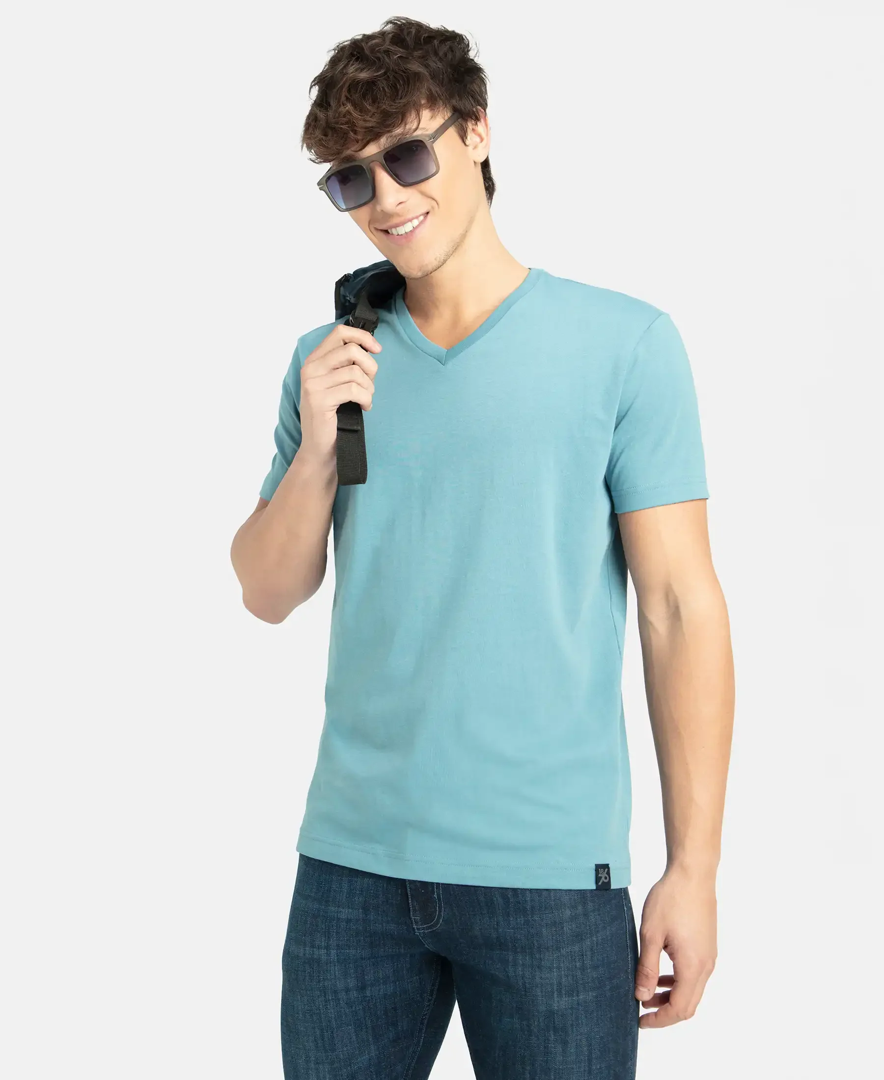 Super Combed Cotton Rich Solid V Neck Half Sleeve T-Shirt - Provincial Blue - Image 5