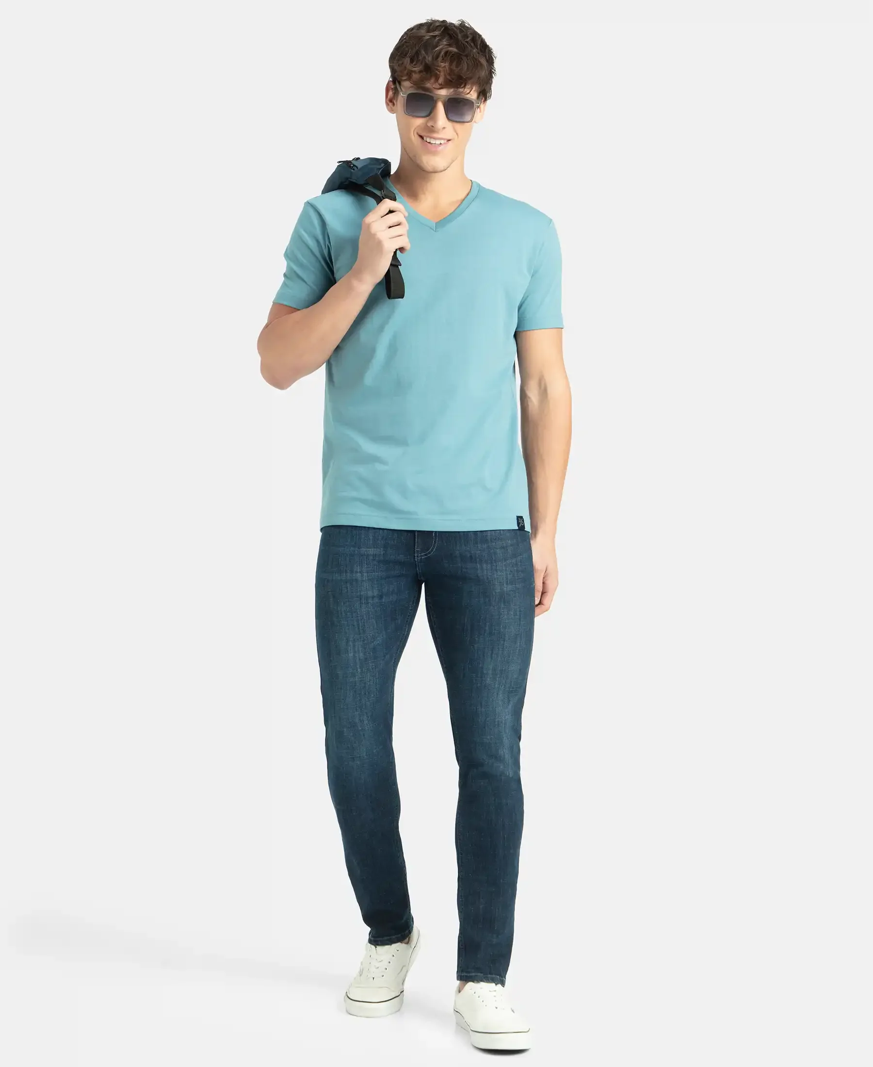 Super Combed Cotton Rich Solid V Neck Half Sleeve T-Shirt - Provincial Blue - Image 6