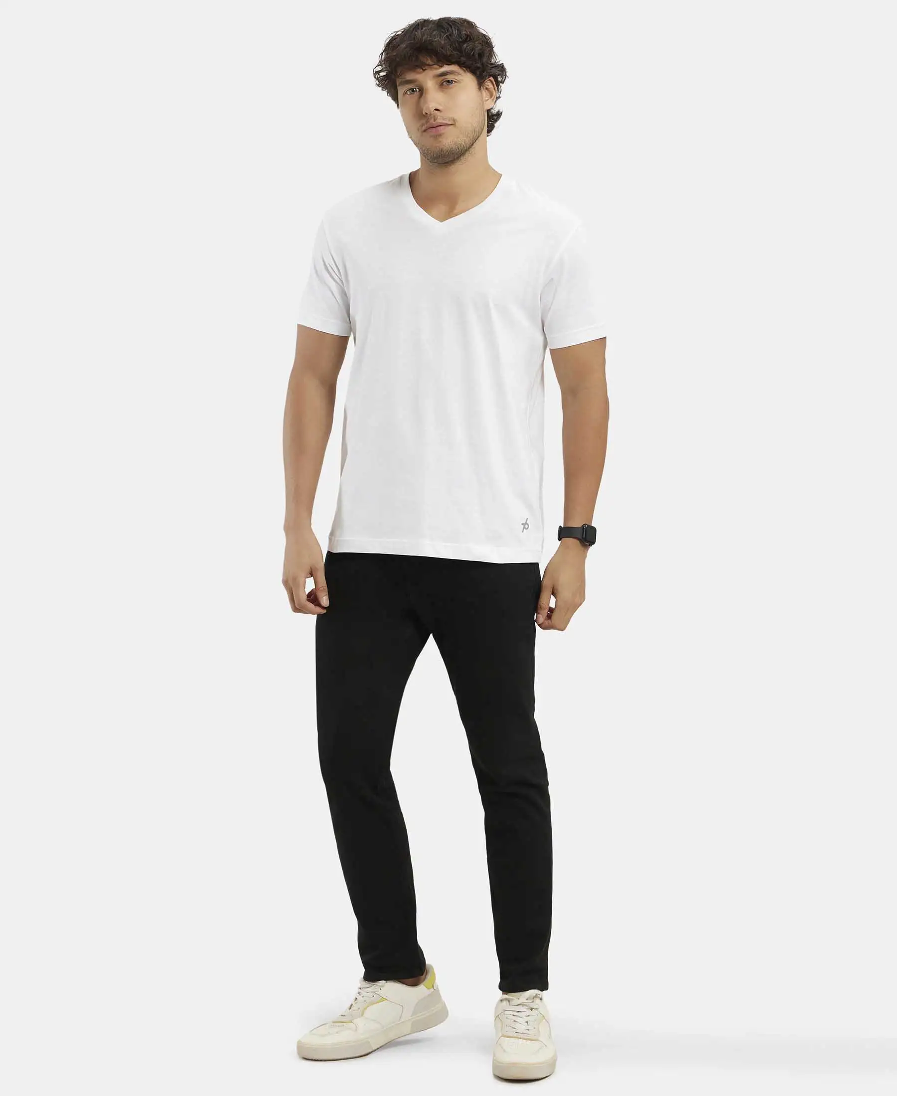 Super Combed Cotton Rich Solid V Neck Half Sleeve T-Shirt - White - Image 4