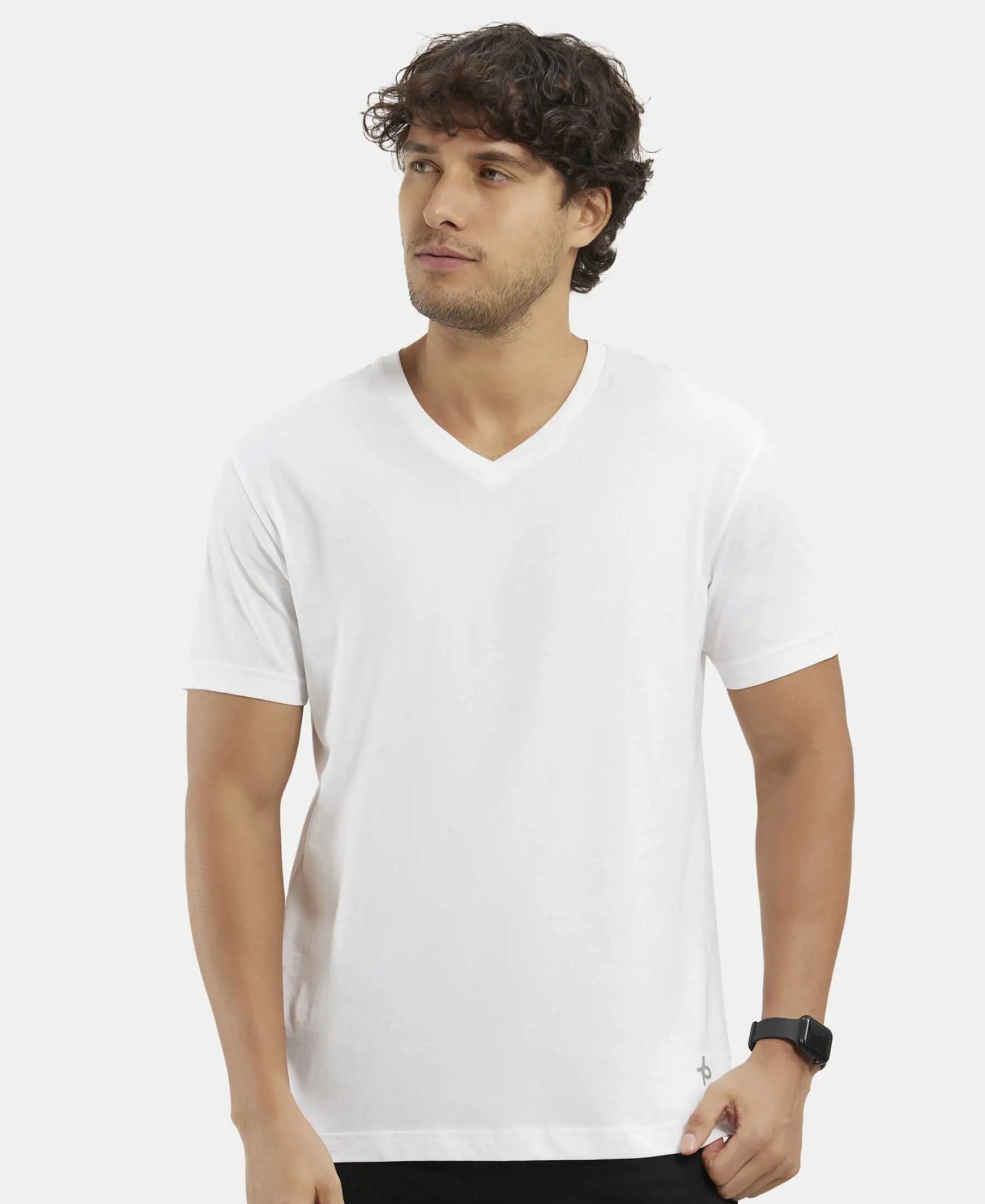 Super Combed Cotton Rich Solid V Neck Half Sleeve T-Shirt - White - Image 5