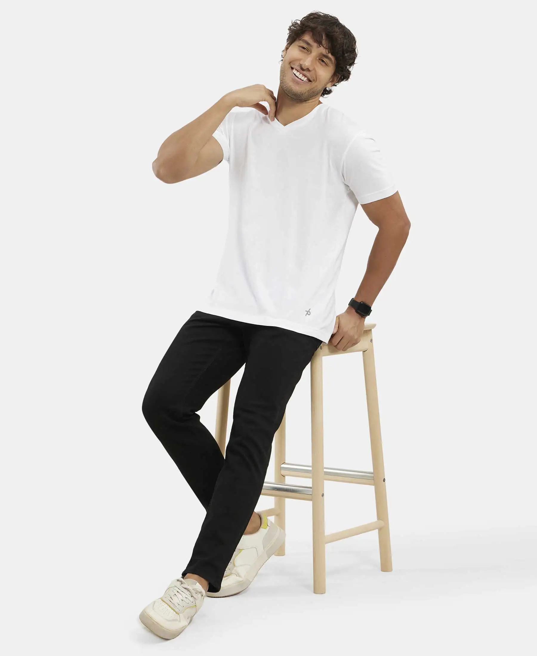 Super Combed Cotton Rich Solid V Neck Half Sleeve T-Shirt - White - Image 6