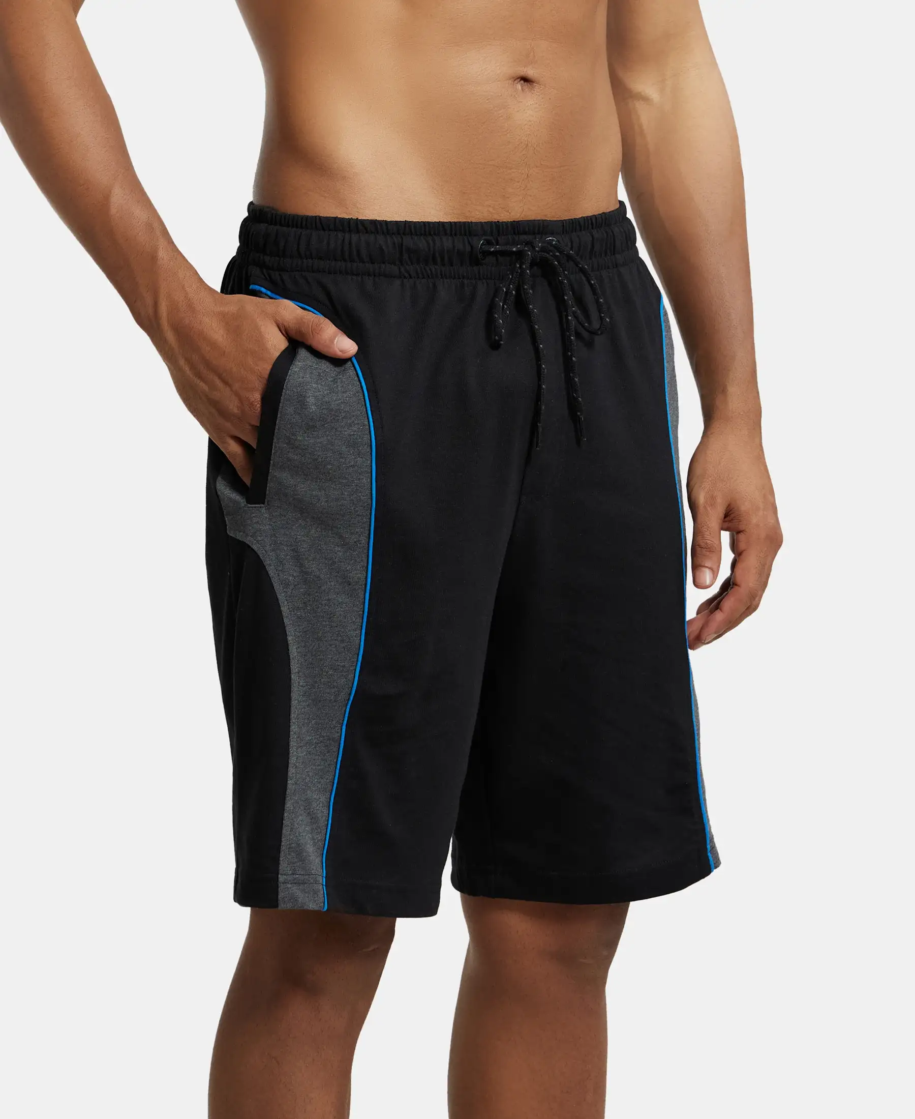 Super Combed Cotton Rich Straight Fit Shorts with Side Pockets - Black & Charcoal Melange - Image 2