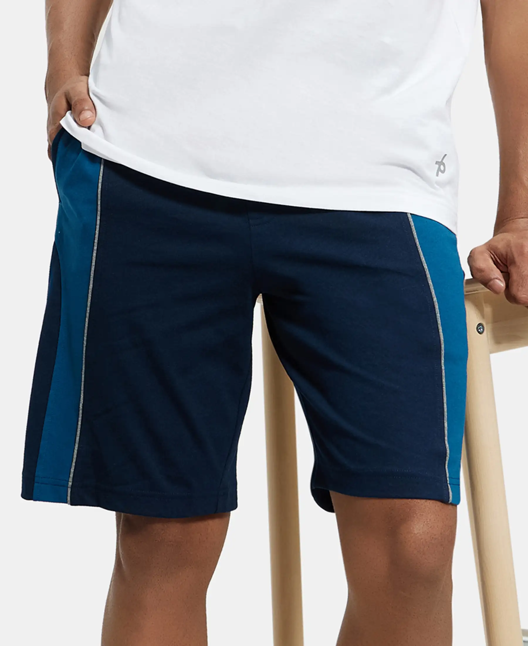 Super Combed Cotton Rich Straight Fit Shorts with Side Pockets - Navy & Steller - Image 5
