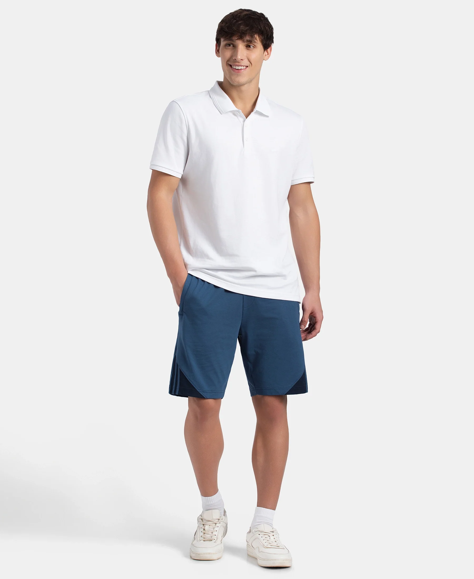 Super Combed Cotton Rich Straight Fit Shorts with Zipper Pockets - Ensign Blue & Navy - Image 4