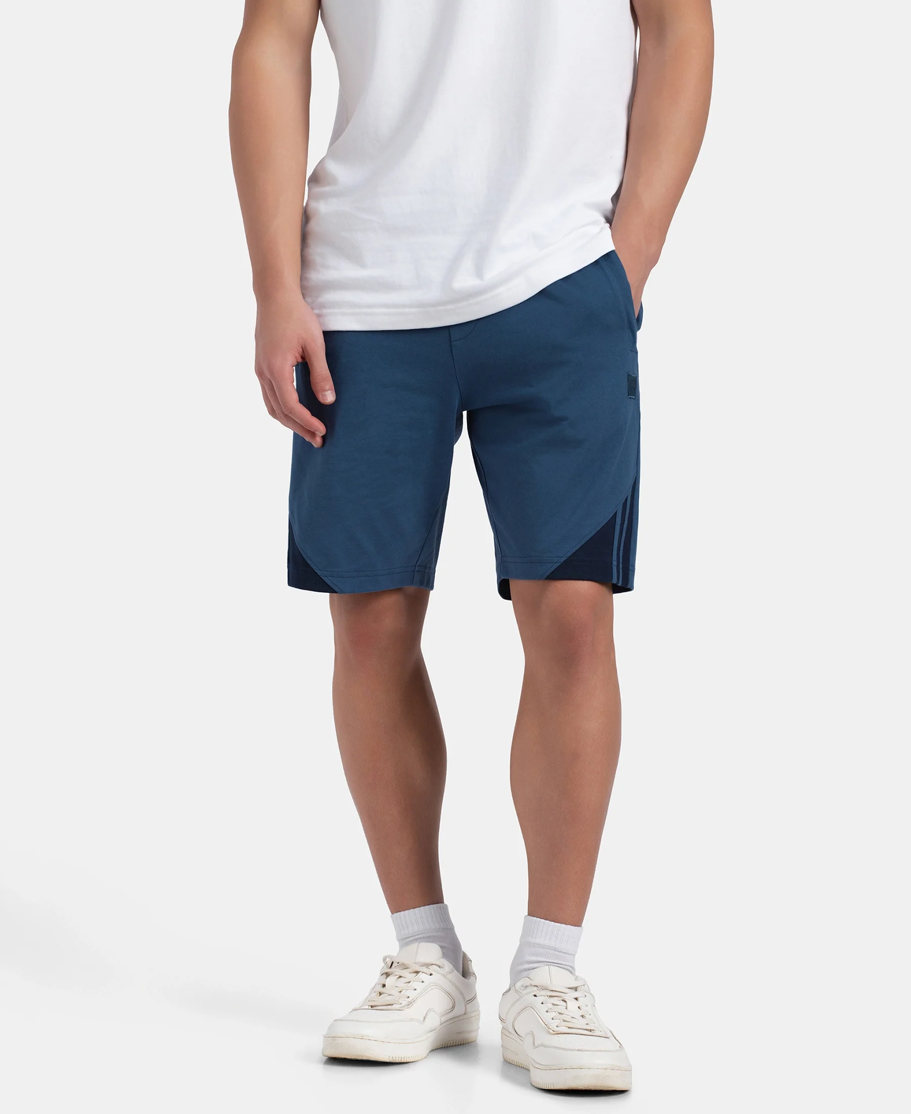 Super Combed Cotton Rich Straight Fit Shorts with Zipper Pockets - Ensign Blue & Navy - Image 5