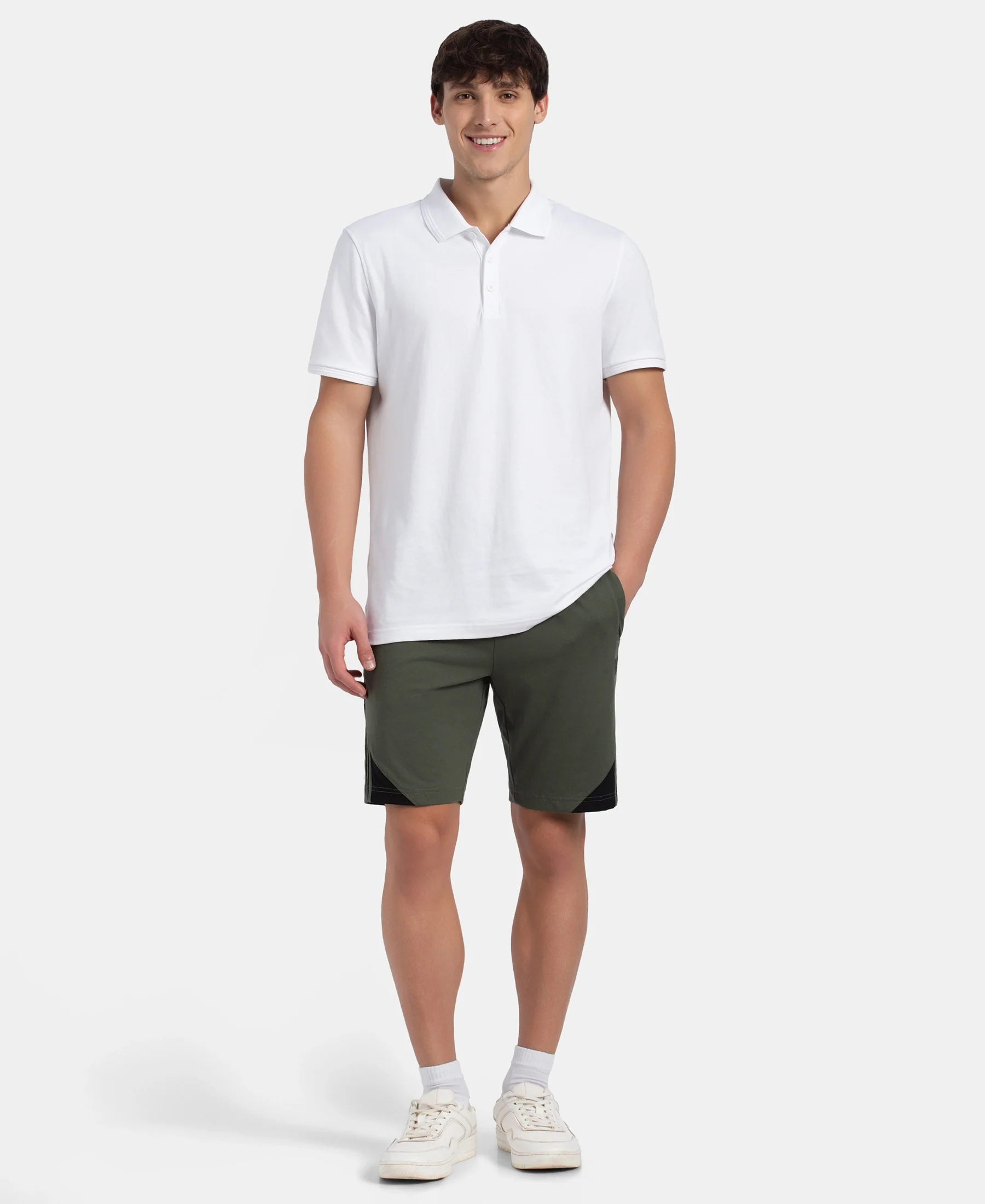 Super Combed Cotton Rich Straight Fit Shorts with Zipper Pockets - Thyme & Black - Image 4