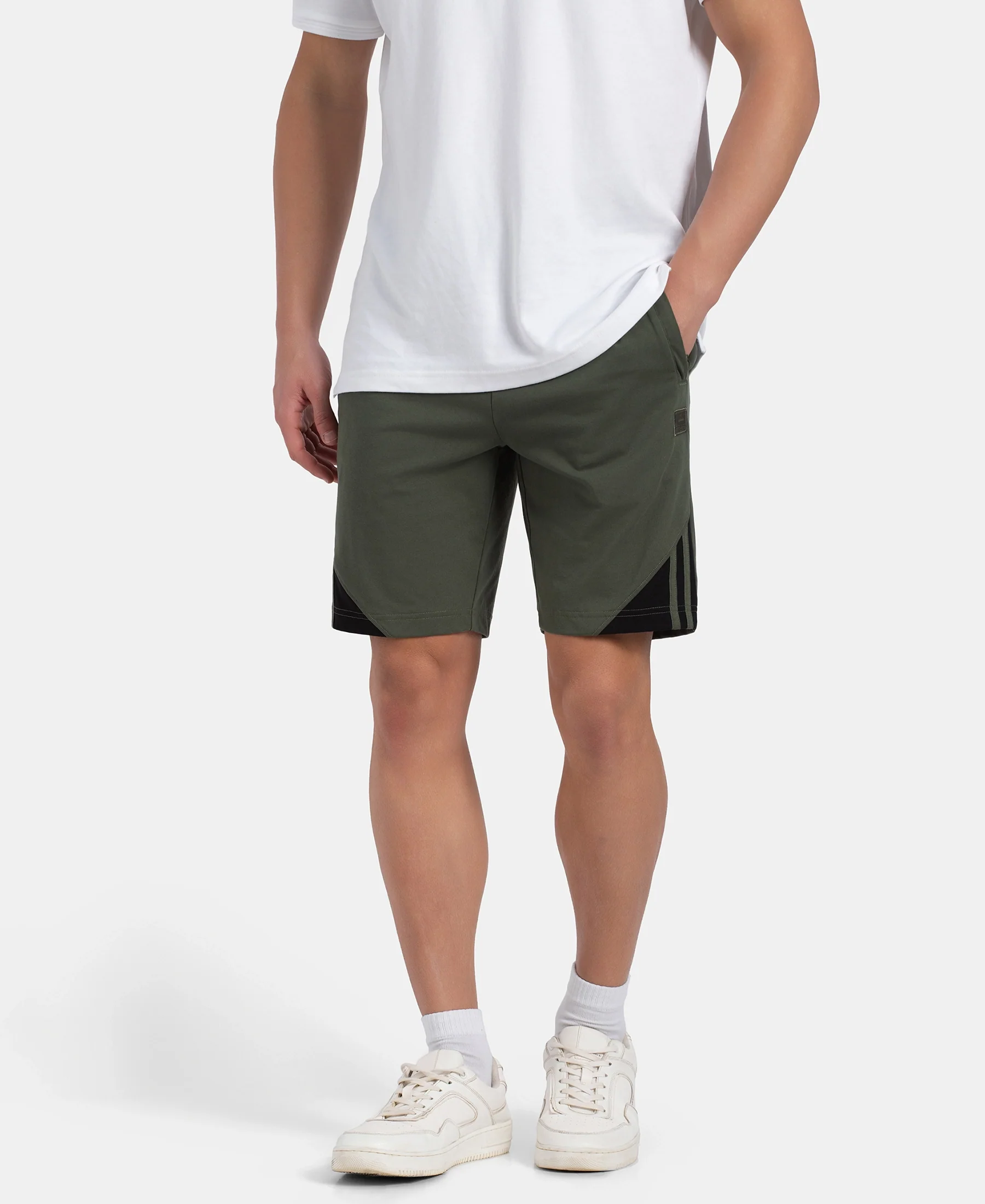 Super Combed Cotton Rich Straight Fit Shorts with Zipper Pockets - Thyme & Black - Image 5