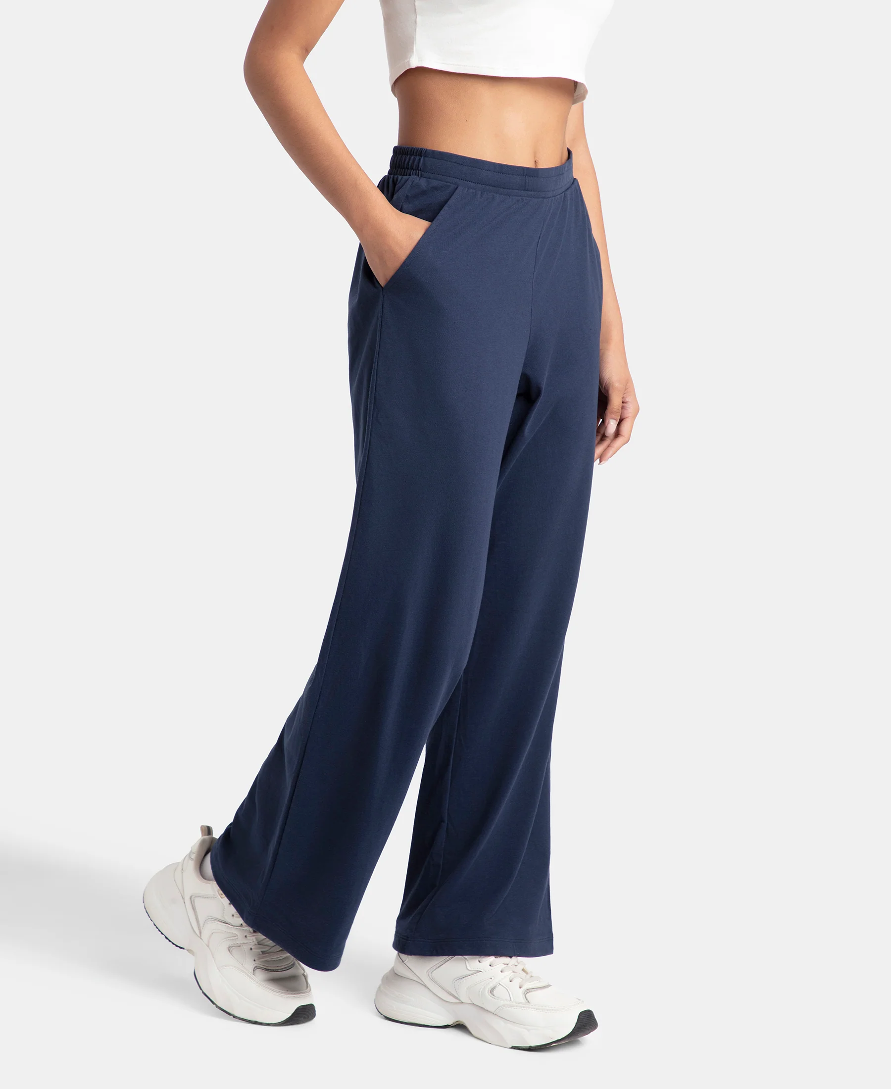 Super Combed Cotton Rich Straight Fit Wide Leg Pants - Navy Blazer - Image 2