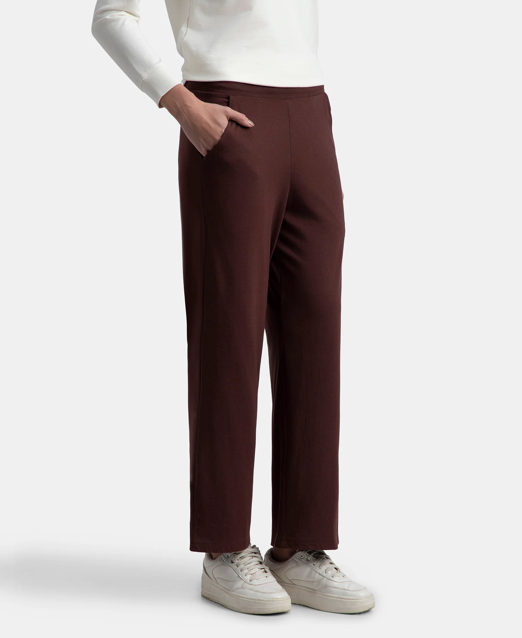 Super Combed Cotton Rich Straight Fit Wide Leg Pants - Puce - Image 2