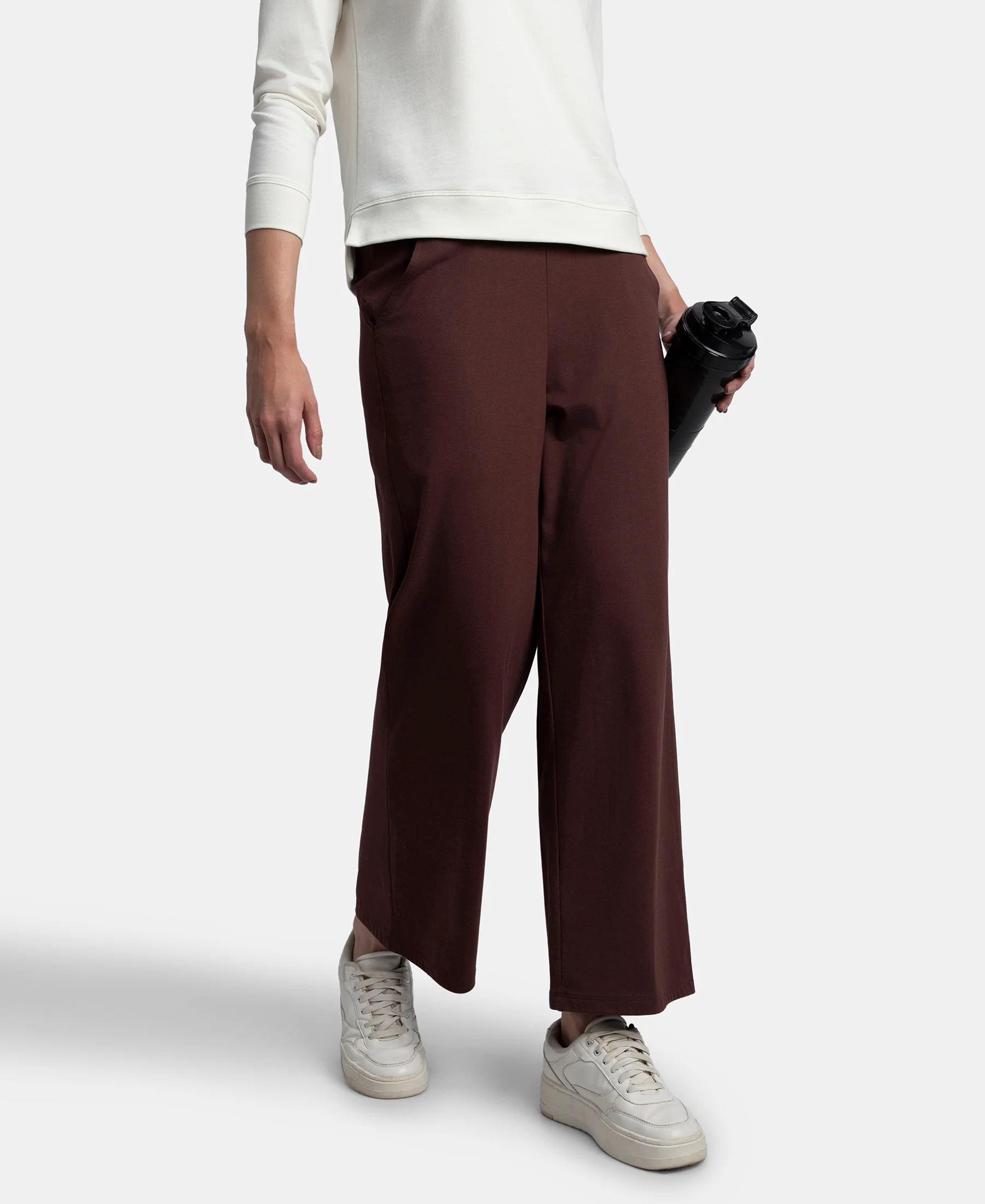 Super Combed Cotton Rich Straight Fit Wide Leg Pants - Puce - Image 5