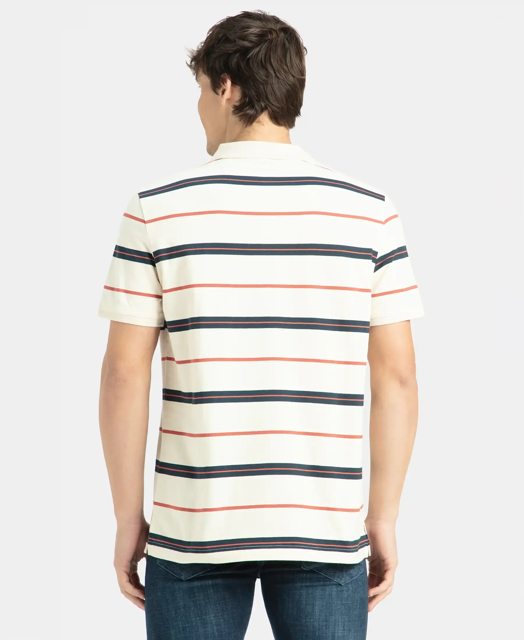 Super Combed Cotton Rich Striped Half Sleeve Polo T-Shirt - Almond Milk, Navy & Cinnabar - Image 3