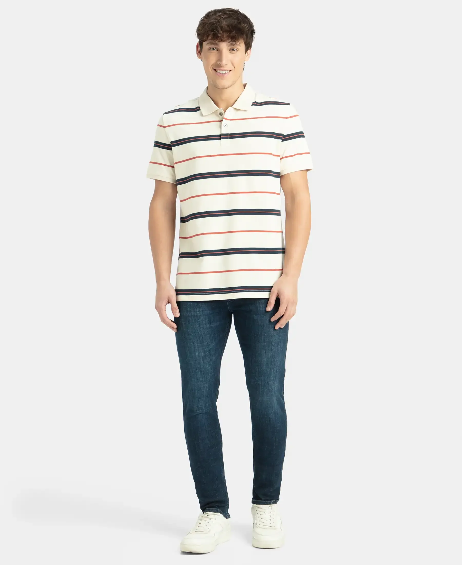 Super Combed Cotton Rich Striped Half Sleeve Polo T-Shirt - Almond Milk, Navy & Cinnabar - Image 4