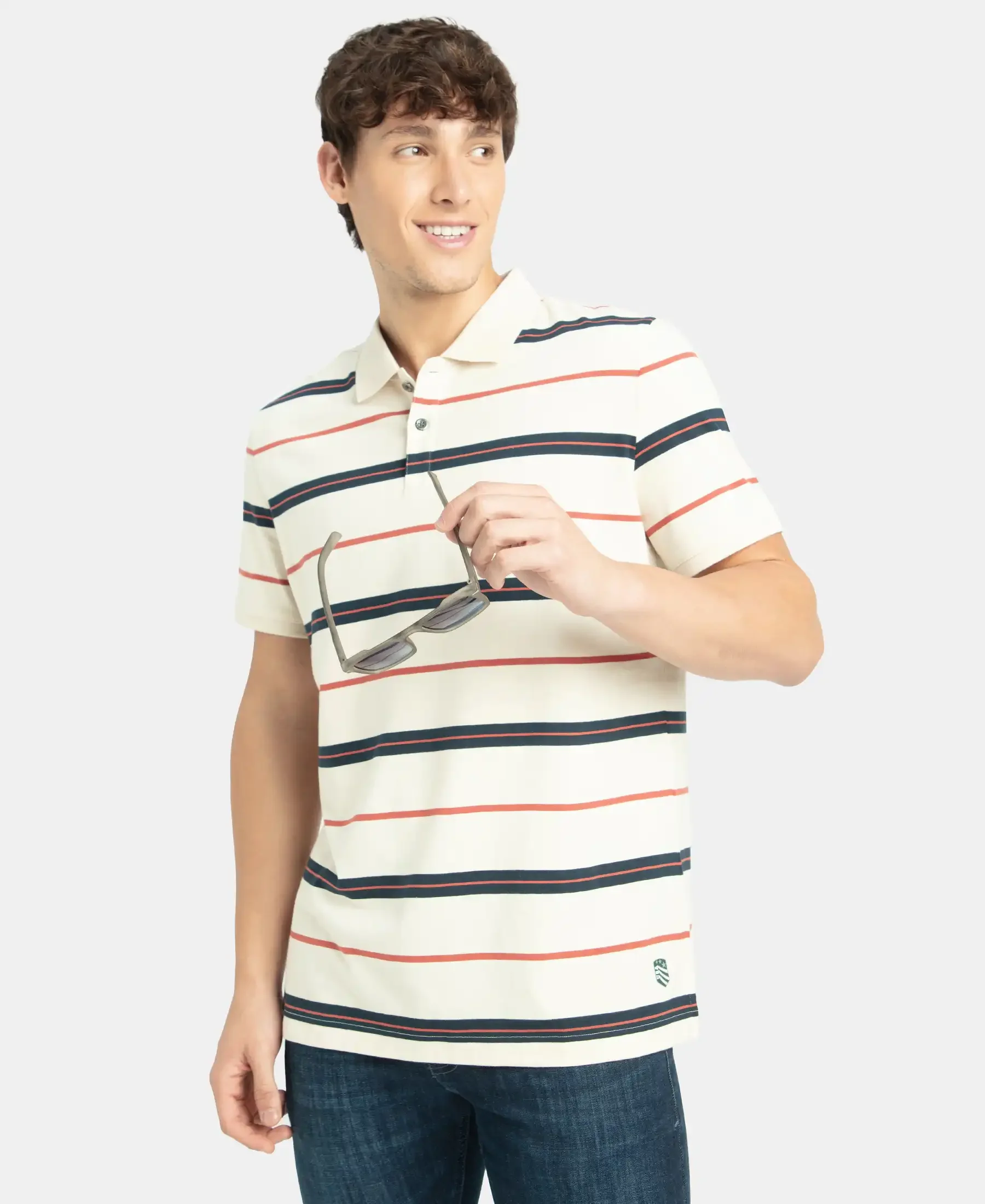 Super Combed Cotton Rich Striped Half Sleeve Polo T-Shirt - Almond Milk, Navy & Cinnabar - Image 5