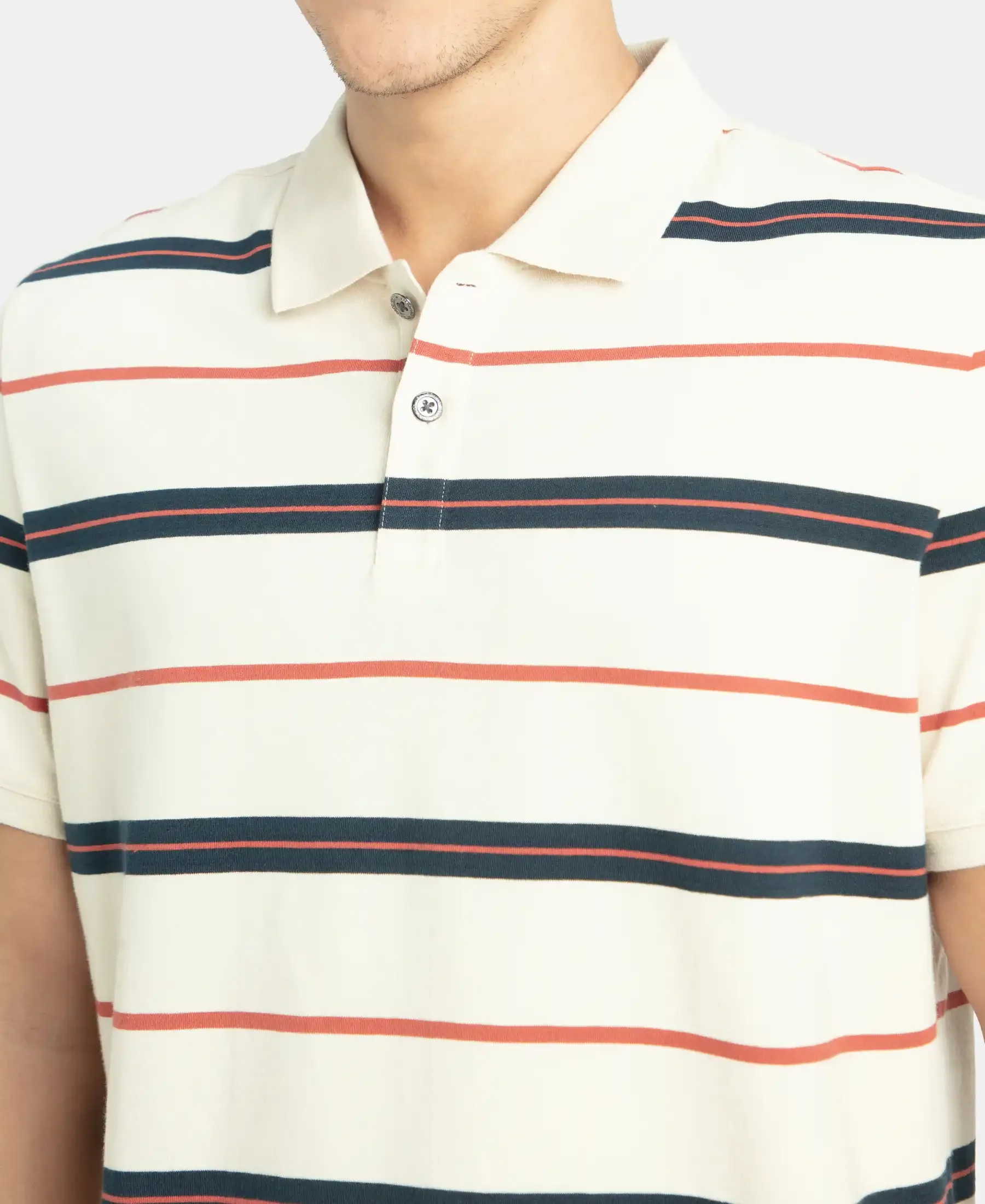 Super Combed Cotton Rich Striped Half Sleeve Polo T-Shirt - Almond Milk, Navy & Cinnabar - Image 7