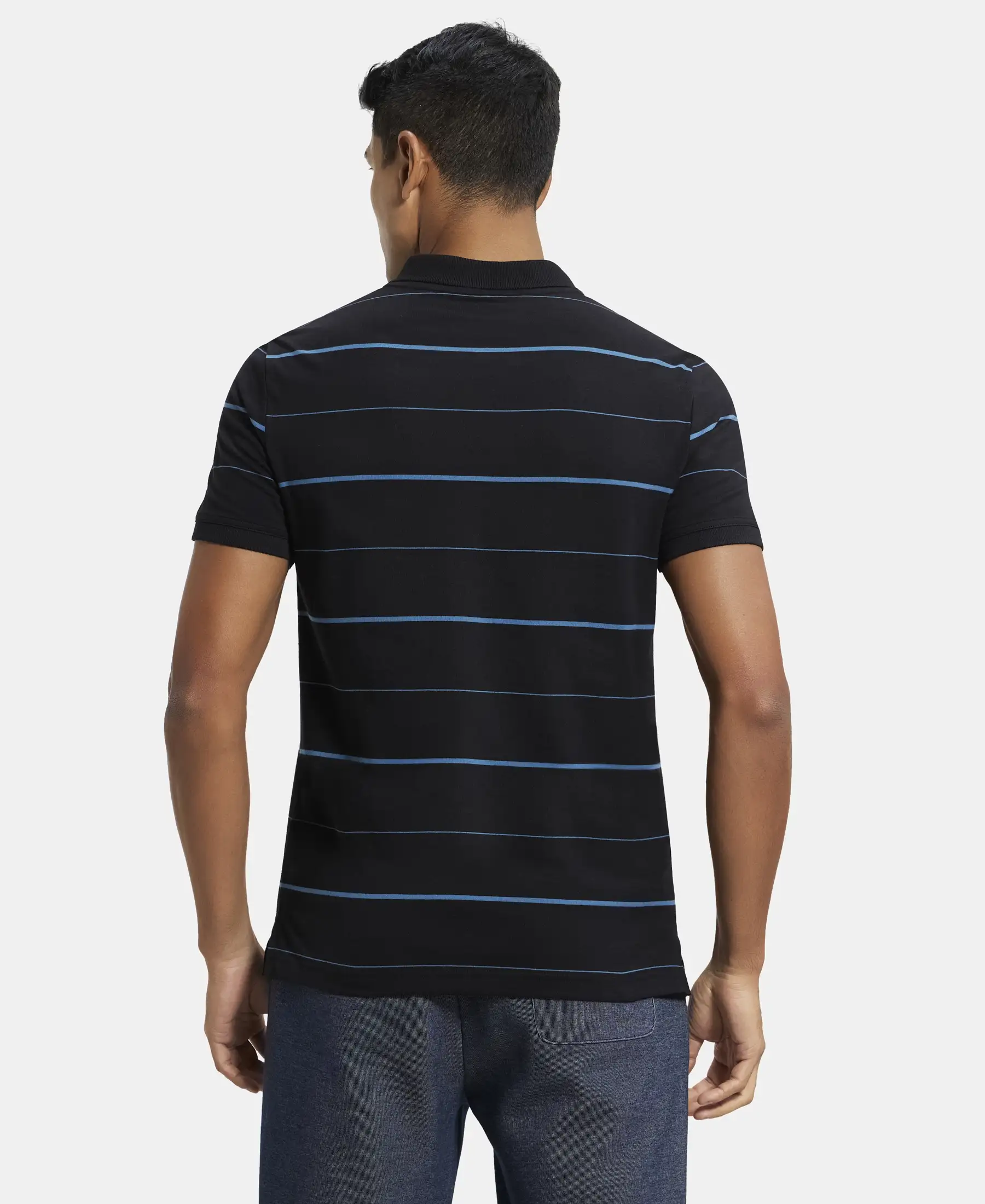 Super Combed Cotton Rich Striped Half Sleeve Polo T-Shirt - Black & Stellar - Image 3