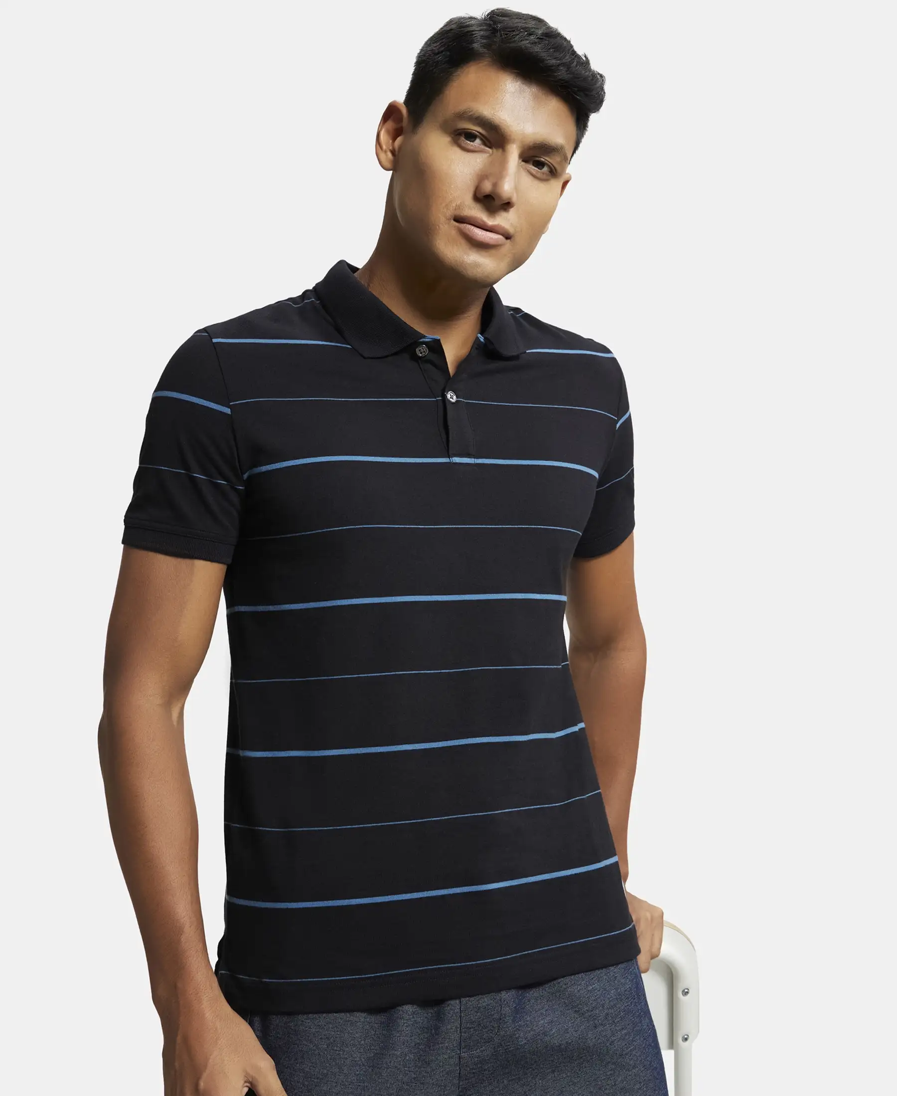 Super Combed Cotton Rich Striped Half Sleeve Polo T-Shirt - Black & Stellar - Image 5