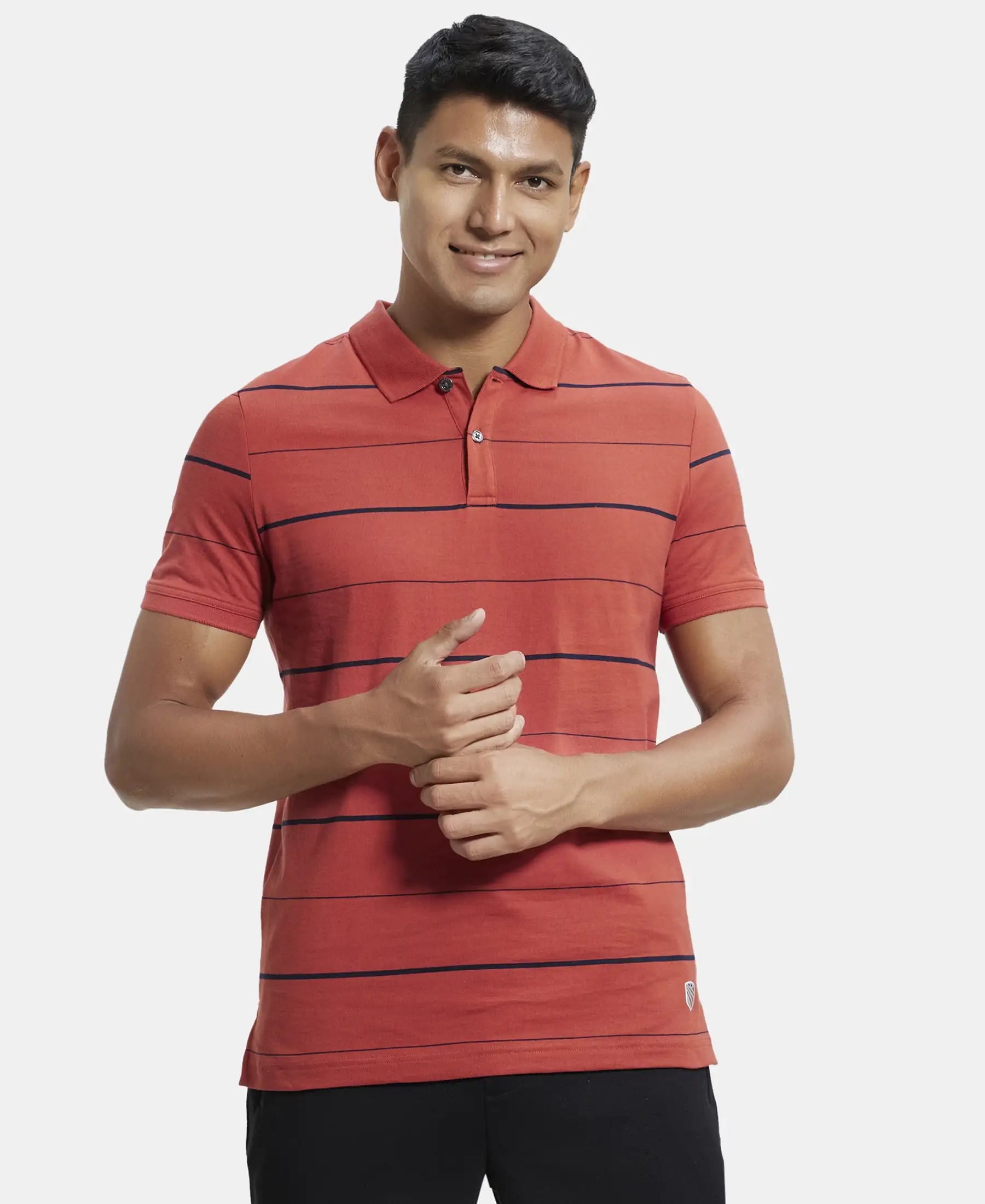 Super Combed Cotton Rich Striped Half Sleeve Polo T-Shirt - Cinnabar & Navy