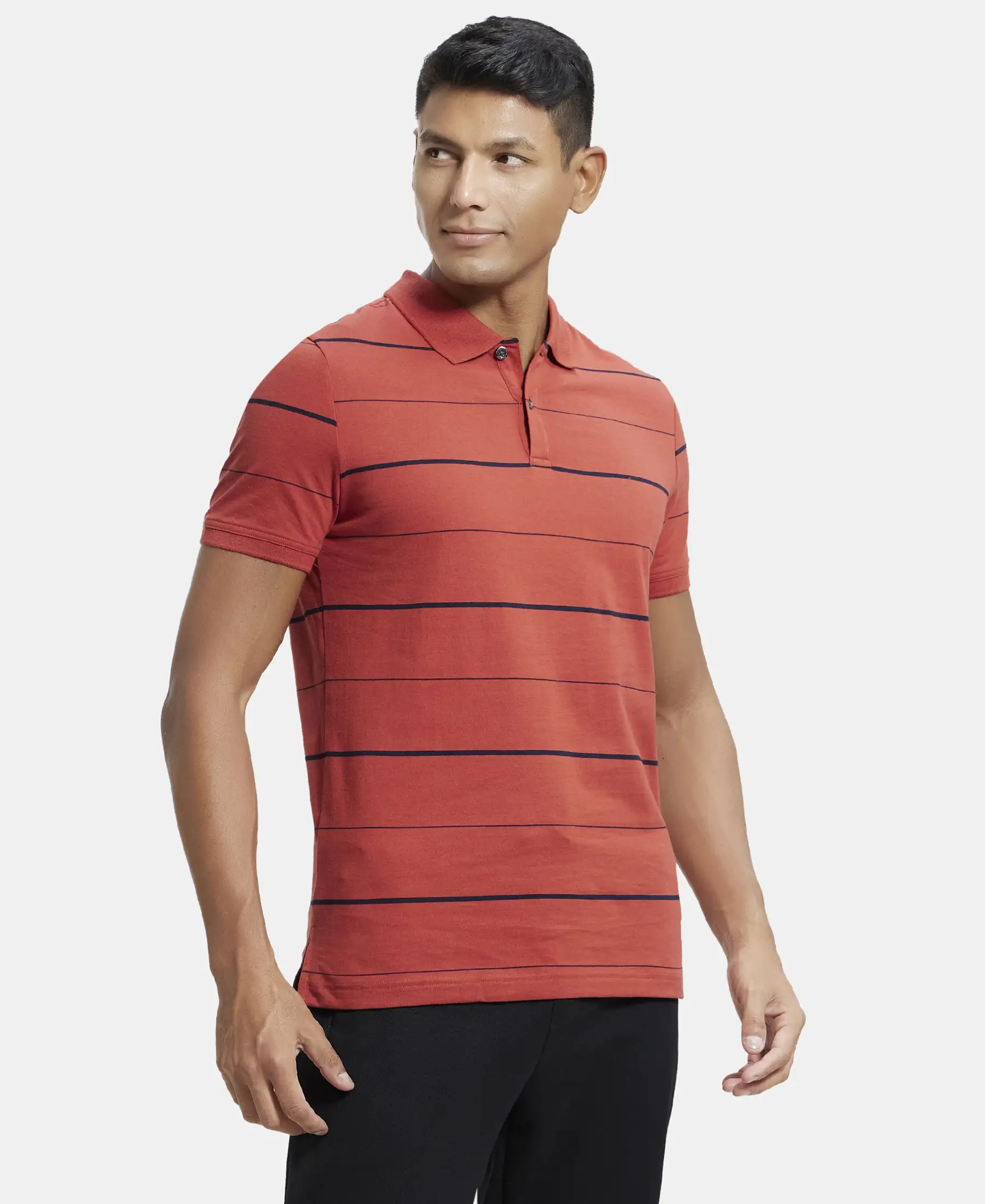 Super Combed Cotton Rich Striped Half Sleeve Polo T-Shirt - Cinnabar & Navy - Image 2