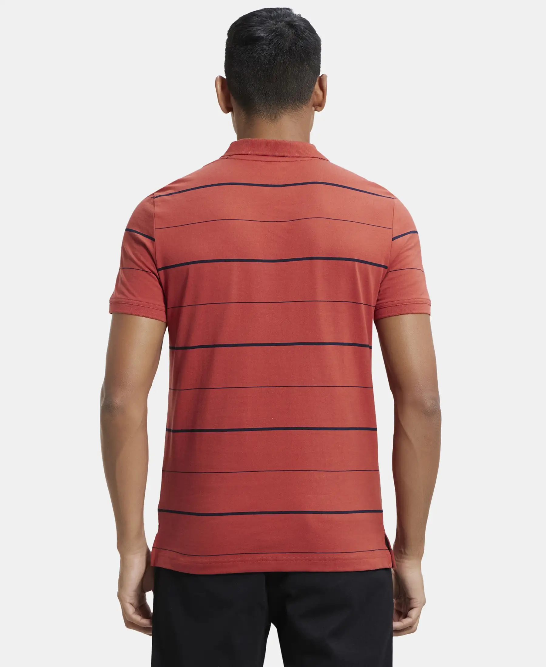 Super Combed Cotton Rich Striped Half Sleeve Polo T-Shirt - Cinnabar & Navy - Image 3