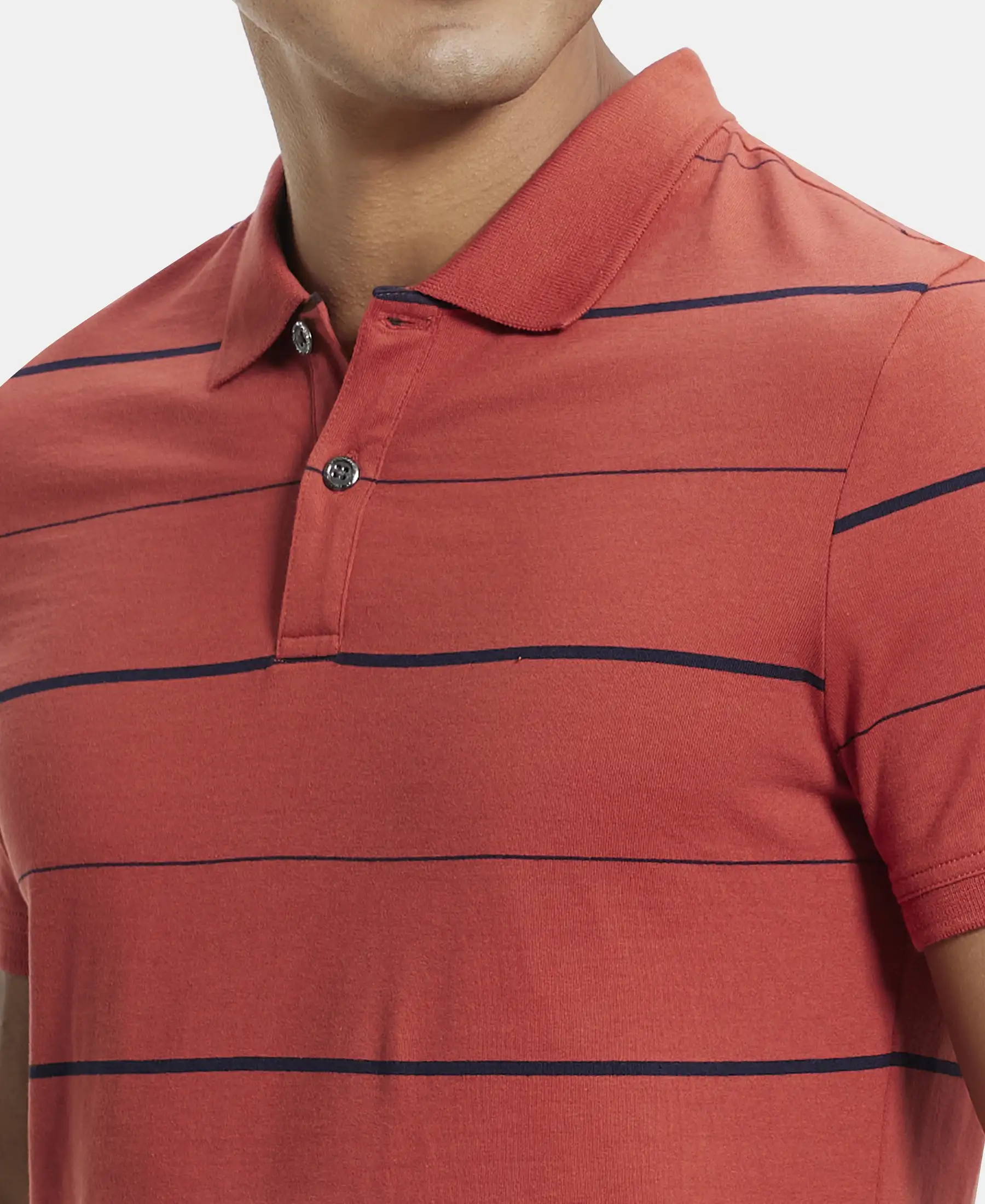 Super Combed Cotton Rich Striped Half Sleeve Polo T-Shirt - Cinnabar & Navy - Image 6