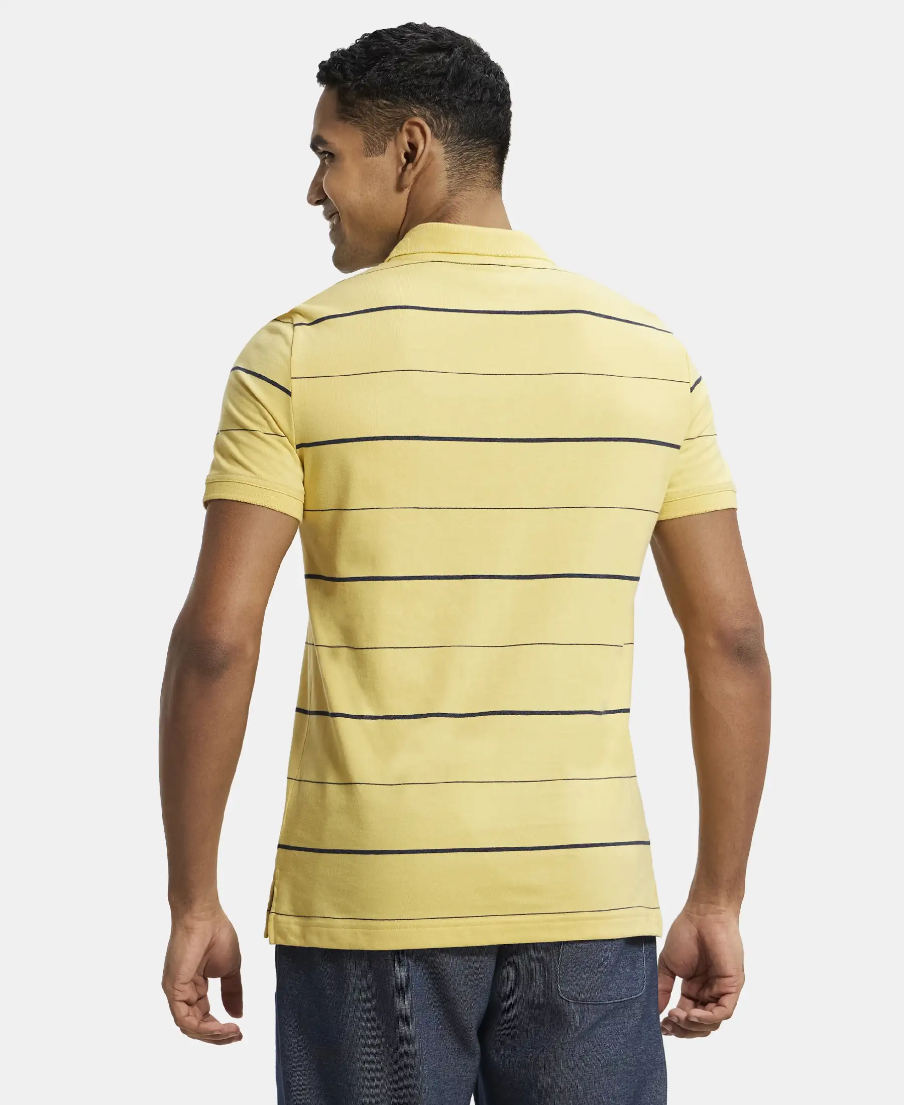 Super Combed Cotton Rich Striped Half Sleeve Polo T-Shirt - Corn silk & Night Sky ground - Image 3