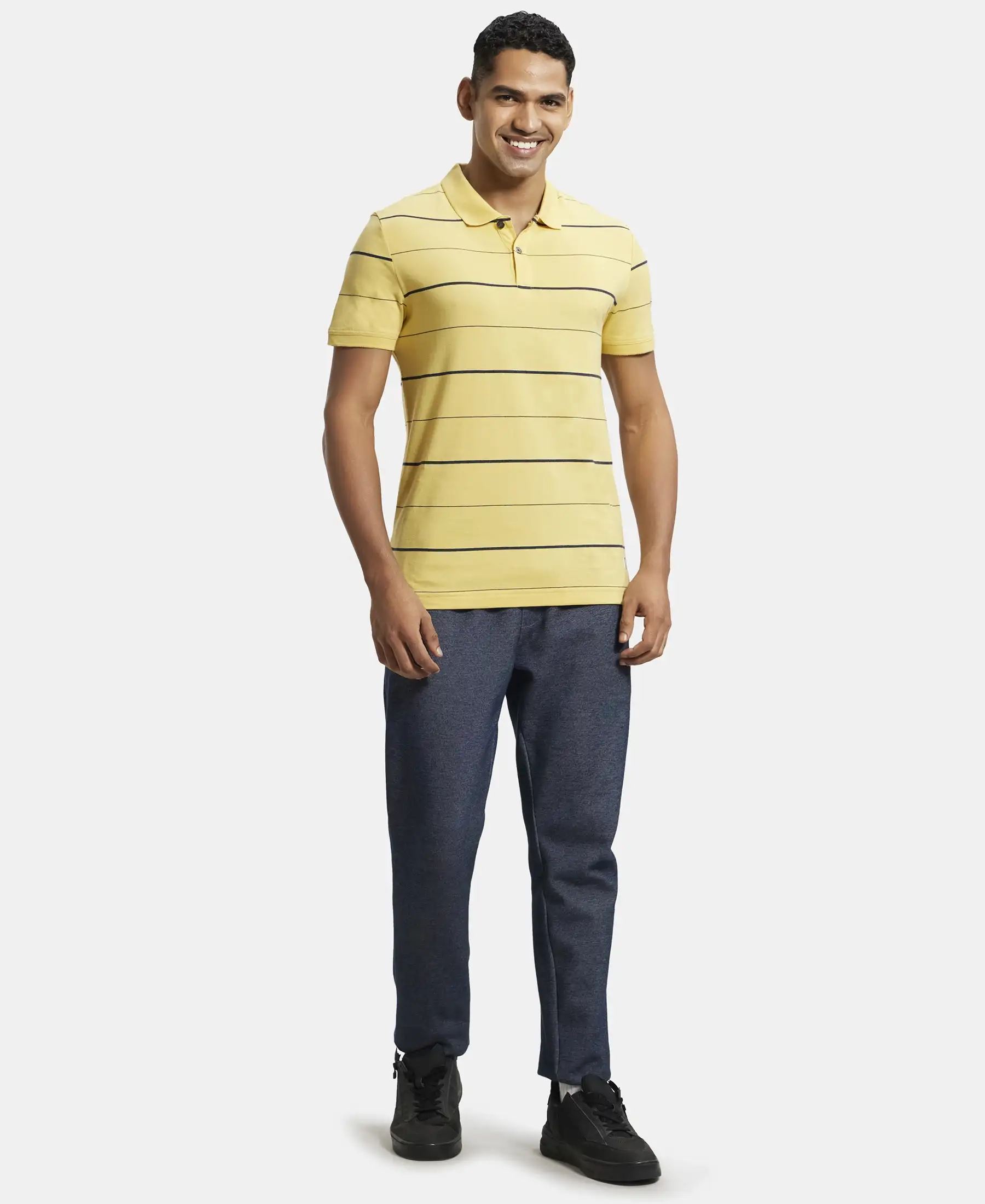 Super Combed Cotton Rich Striped Half Sleeve Polo T-Shirt - Corn silk & Night Sky ground - Image 4