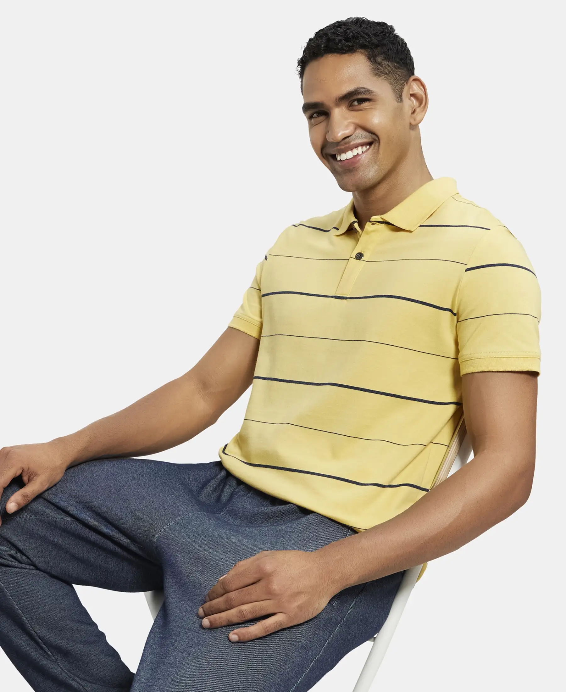 Super Combed Cotton Rich Striped Half Sleeve Polo T-Shirt - Corn silk & Night Sky ground - Image 5