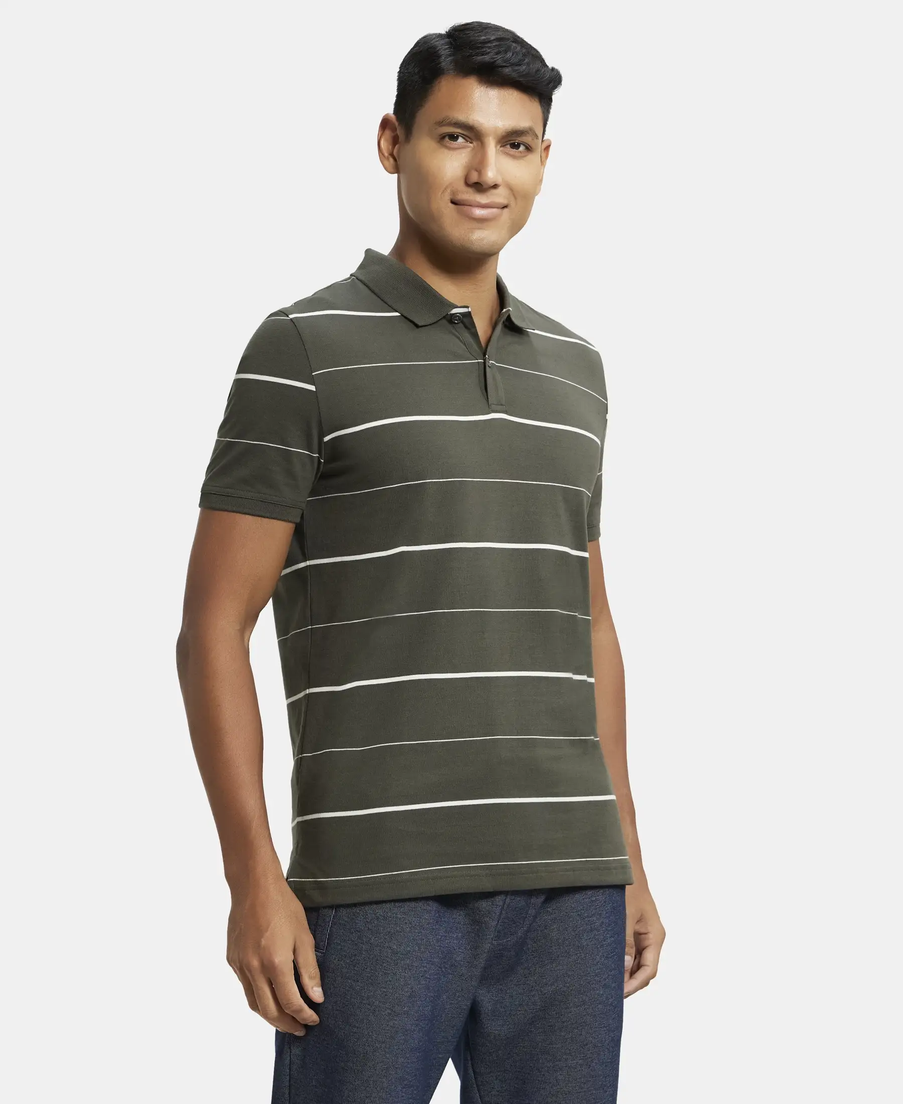 Super Combed Cotton Rich Striped Half Sleeve Polo T-Shirt - Deep Olive & Ecru - Image 2